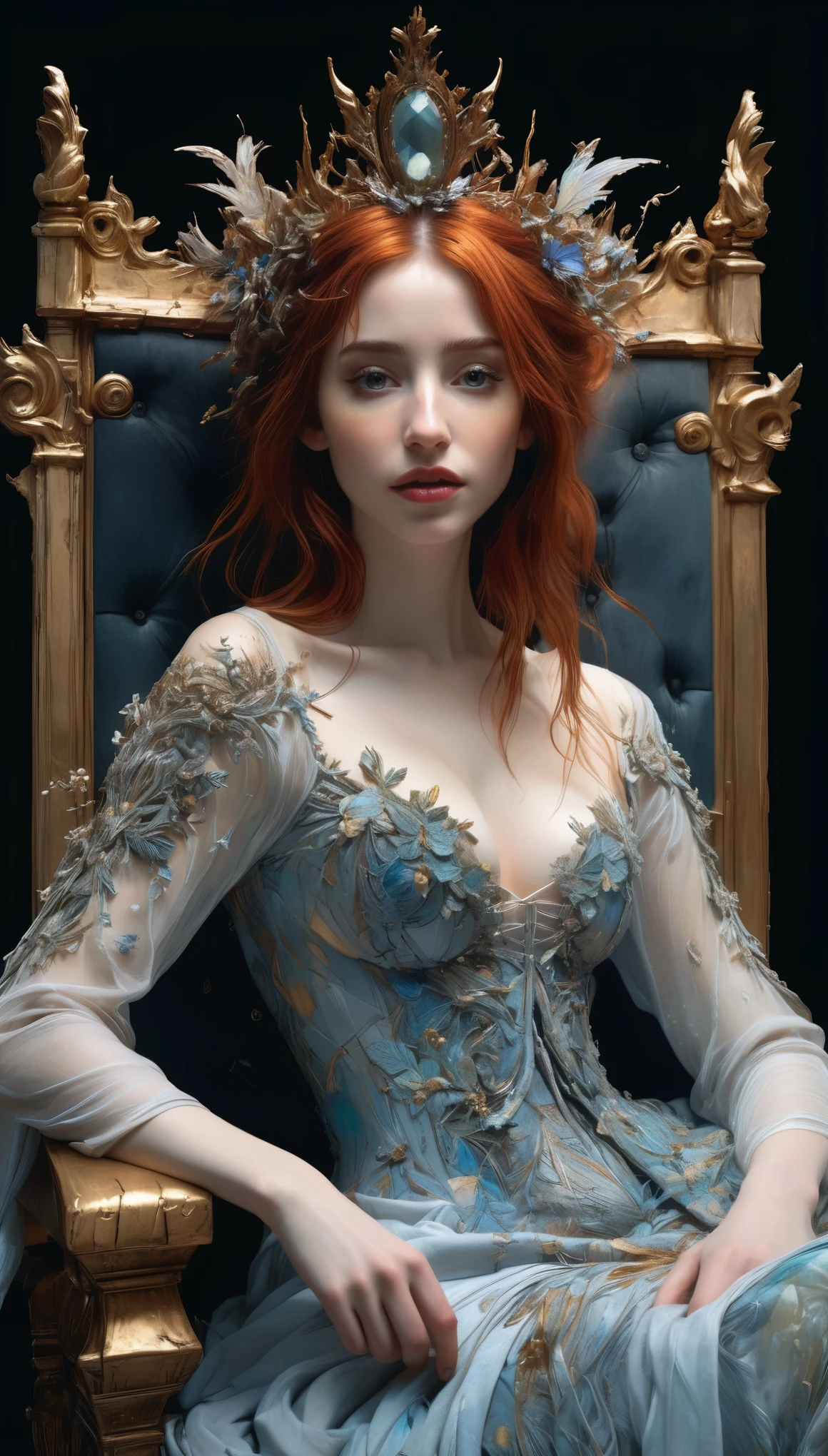 Emily Rudd is a vampire queen, redhead, sitting in a throne, pale skin, messy hair, Full body, Beautiful anime waifu style girl,hyperdetailed painting, luminism, art by Carne Griffiths and Wadim Kashin concept art, dark background, abstract beauty, approaching perfection, pure form, golden ratio, minimalistic, dark atmosphere, unfinished, concept art, by Brian Froud and Carne Griffiths and Wadim Kashin and John William Waterhouse, intricate details, 8k post production, high resolution, hyperdetailed, trending on artstation, sharp focus, studio photo, intricate details, highly detailed, by greg rutkowski
