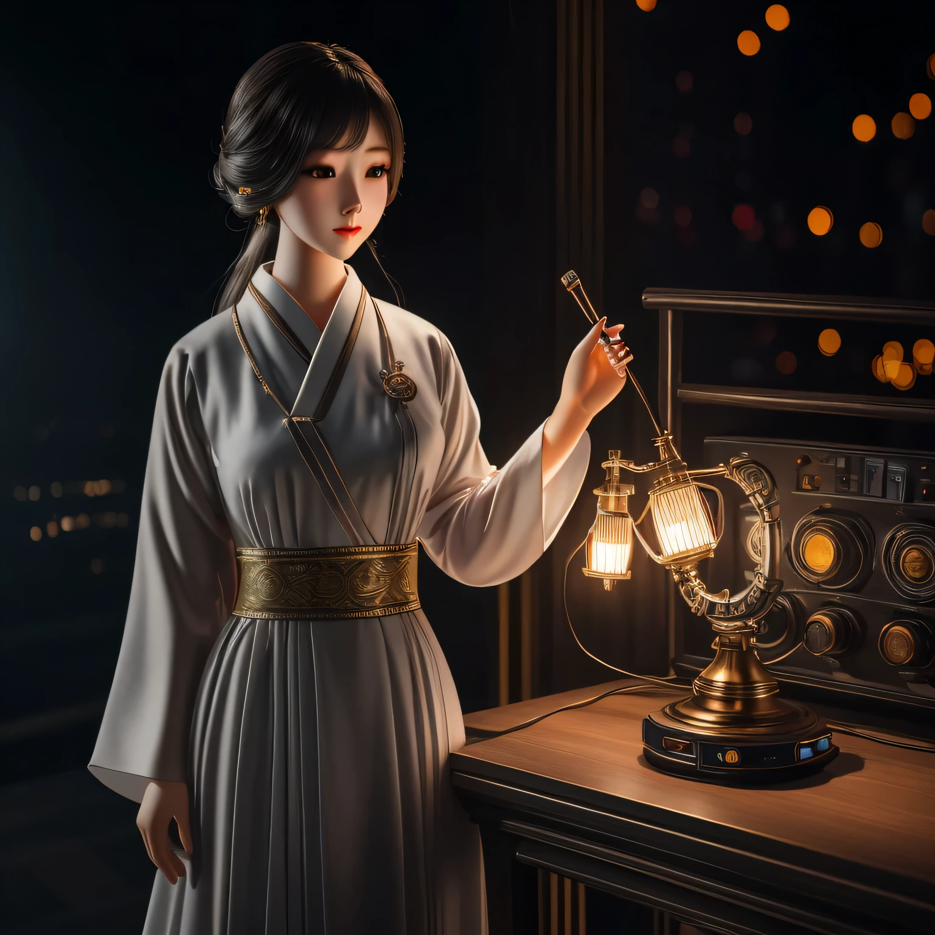 (8K, Raw photo, highest quality, masterpiece:1.2), (realistic, photo-realistic:1.37),1 girl, night, professional lighting, photon mapping, radio city, korean doll, traditional long dress, gray background