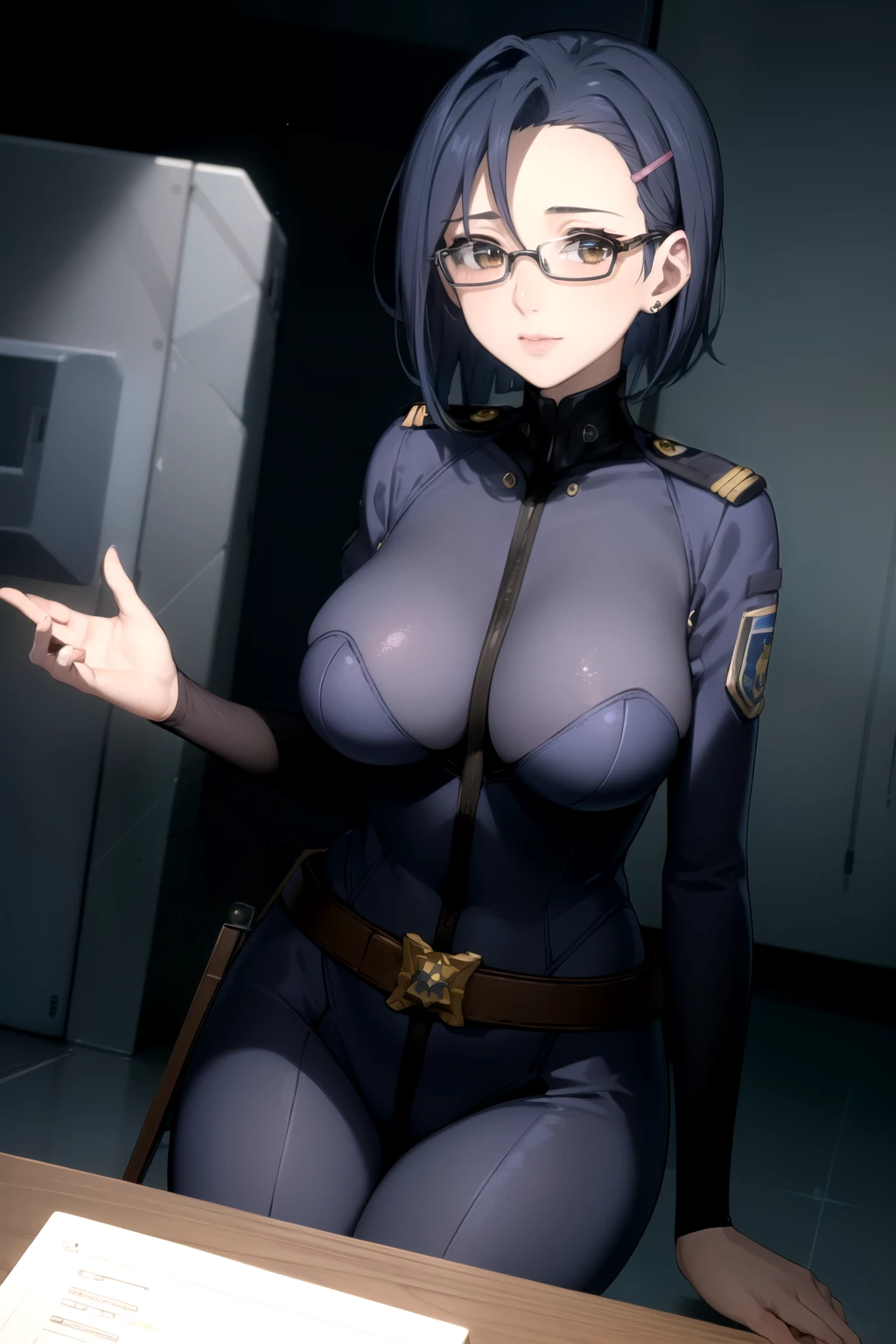 (((best quality))), (((masterpiece))), (((detailed))),
NiimiKaoru,
closed mouth, light smile,
blue hair, short hair, brown eyes, hairclip, lips, stud earrings, semi-rimless eyewear,
NiimiBodysuit, blue bodysuit, belt, 
sitting, looking at the viewer, crossed legs,
science fiction, cockpit, starry sky, (NSFW), big breasts、Plump