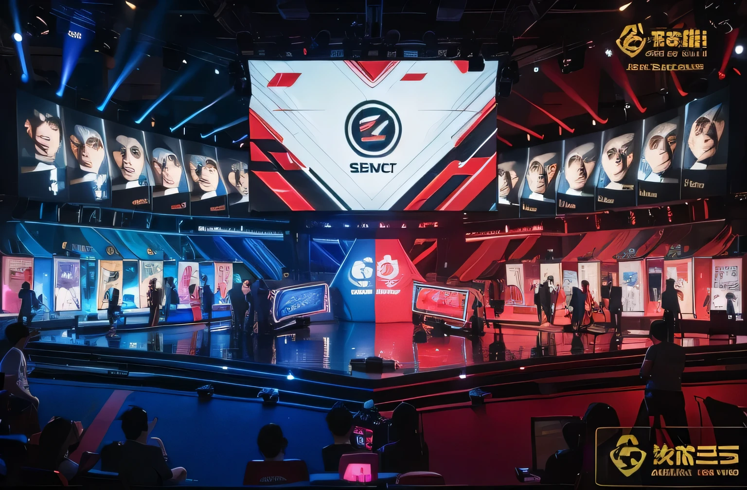 eSports,League of Legends,Contest,stage,big screen,Second dimension wind,anime style,Blurred background figures