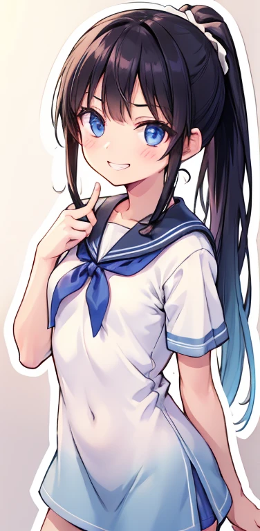 Realistic、1girl、black hair、(forehead),blue eyes、open stance,(ponytail),(eye focus:1.3,cowboy shot),(gradient eyes:1.3), JK: 1.1,(sailor uniform
)、(grin:1.3),cute face、,(tareme:1.3),(small breasts:1.3),