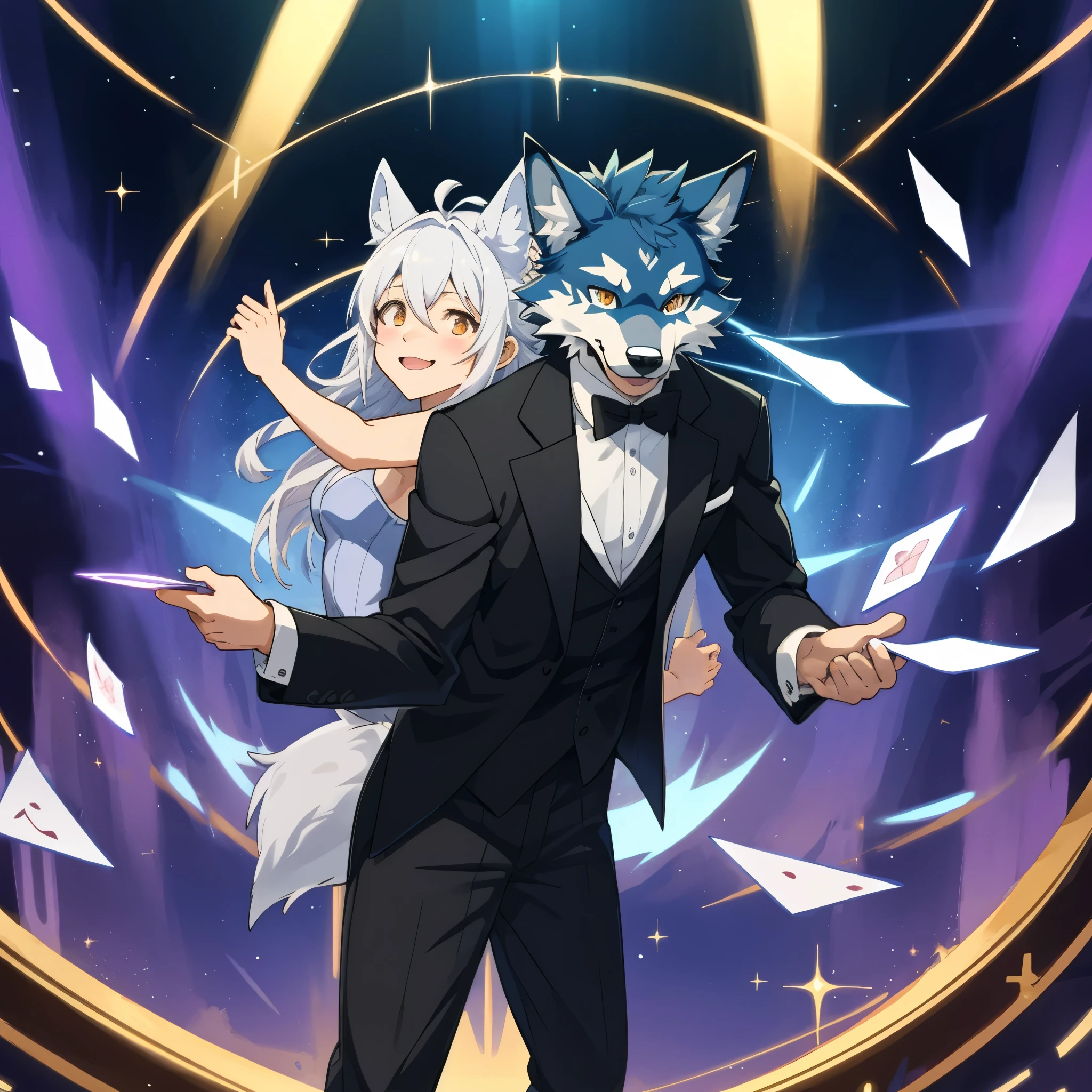 cover page, anime key visual, highres, top quality, best quality, paid reward available, High-quality illustrations, unparalleled masterpiece, perfect artwork, absurdres(pair, magician and assistant)((bunny girl))(((magician 1wolf in suit)))magic on stage, SHOWTIME, sparkle, smile, perfect anatomy, fan-created work shared on platforms Pixiv or Twitter, cinematic lighting, dynamic angle,
