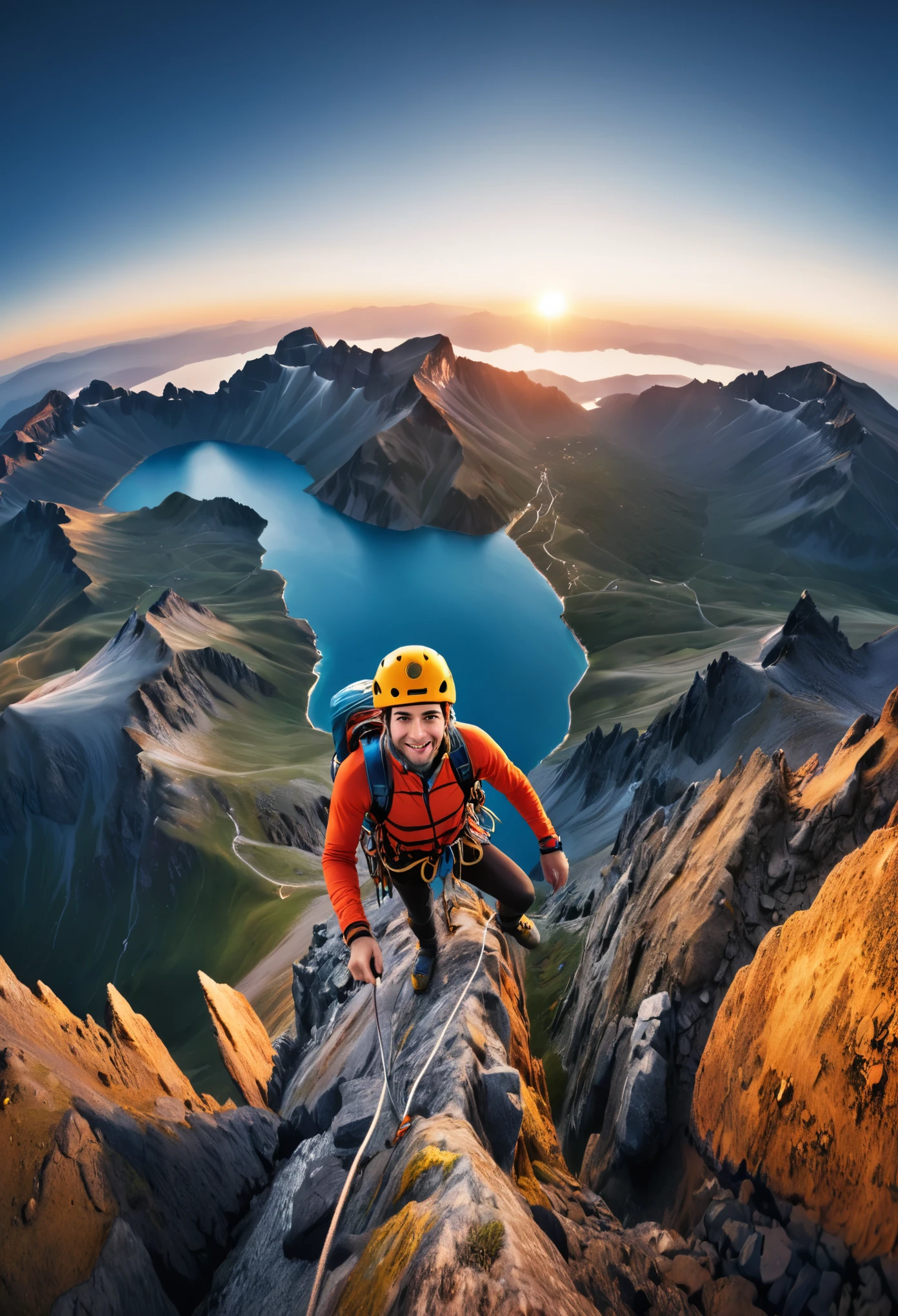 Ultra gran angular, ((ultra wide angle x0.5:1.5, camera view from above)), ((selfie:1.4, a young climber, in climbing clothing, from the top of the mountain, view of beautiful and epic landscape, imposing , 360-degree view)),((perfect, meticulously detailed:1.3, flawless, high definition:1.4, cinematic, ((Masterpiece)), (Hyper detailed: 1.4), (Photorealistic: 1.4), Epic, sunset: 1.4, 32k.