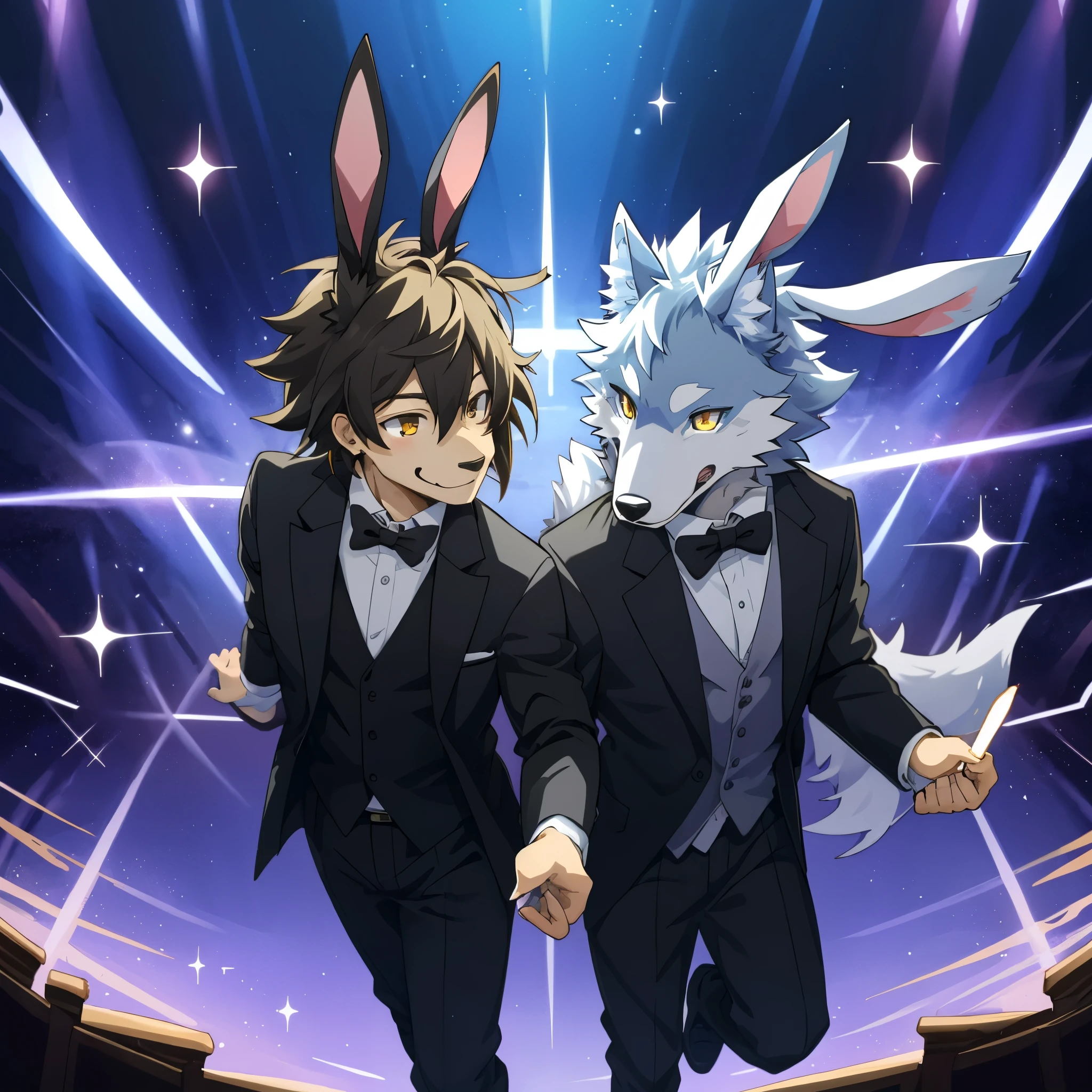 cover page, anime key visual, highres, top quality, best quality, paid reward available, High-quality illustrations, unparalleled masterpiece, perfect artwork, absurdres(pair, magician and assistant)((bunny girl))(((magician 1wolf in suit)))magic on stage, SHOWTIME, sparkle, smile, perfect anatomy, fan-created work shared on platforms Pixiv or Twitter, cinematic lighting, dynamic angle,
