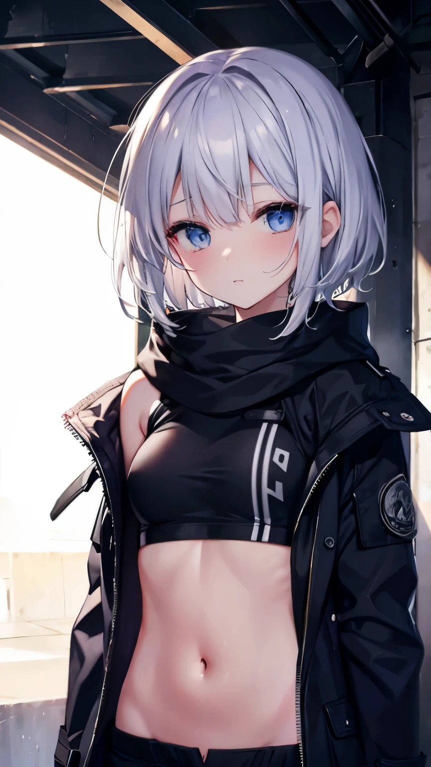 ,girl,best image quality,,silver hair,,blue eyes, white skin,sleepiness,short hair,sleeping habit,half eyes,,wet state,baby doll,,,,,small胸,tits,,duffel coat,,small,show your shoulders,belly button,