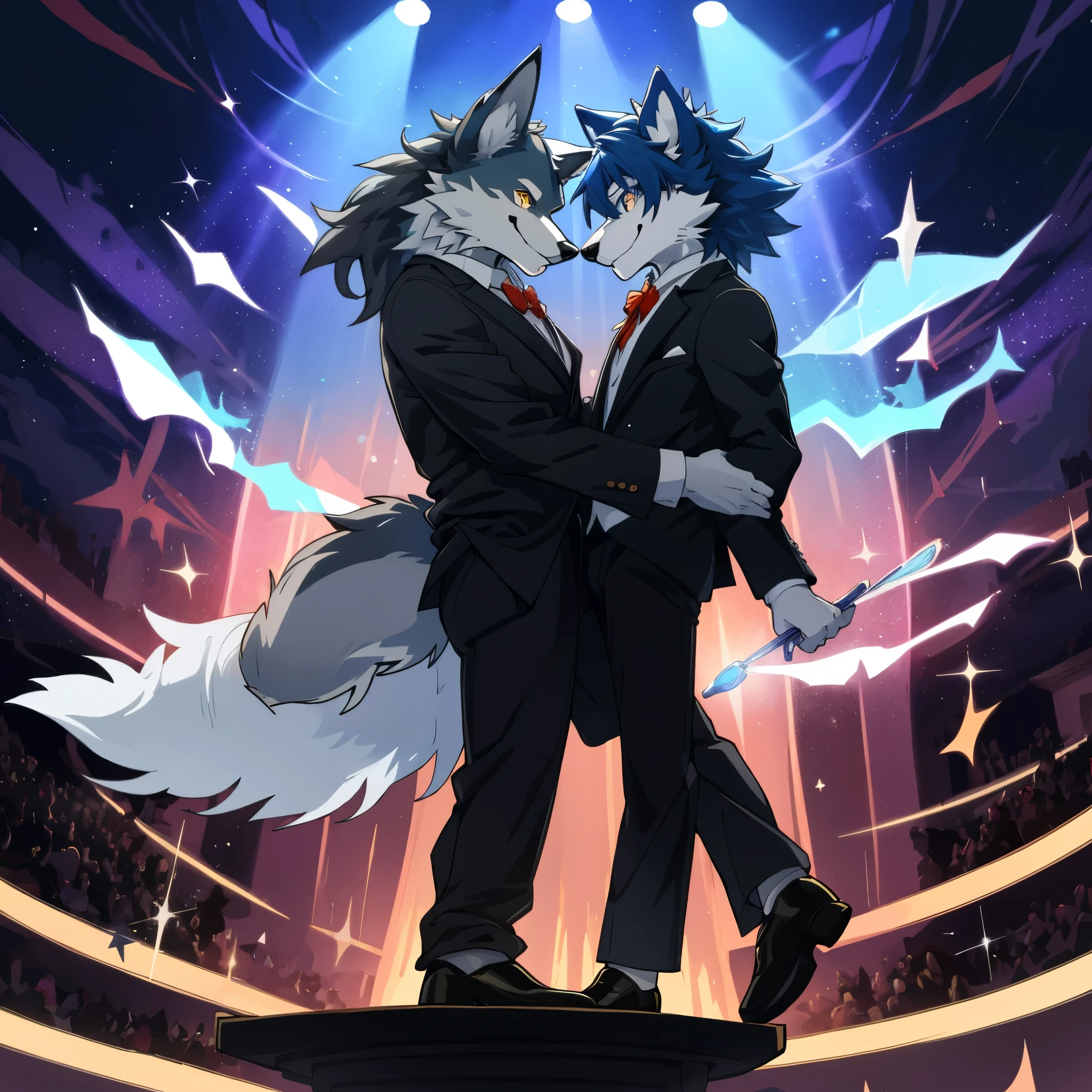 (Meisterwerk: 1,3), (2D: 1,0), (Anime: 1,0), (Illustration: 1,0). close up of a sweaty 18 year old male wolf bent over against at a wall by another sweaty 18 year old male wolf in a dark locker room, bent over, bending over, hands on wall, hands on waist, close, embrace, humping ass, penetrating ass, making love, penetration, standing, standing behind, behind, one behind the other, from behind, uploaded to e621, erect, erection, big genitalia, 18 years old, red eyes, sweaty, tank top, no shorts, no pants, (masterpiece:1.2),(anatomically correct:1.1), high quality:1.3, 2 arms, 2 legs, 1 tail, open mouth, closed eyes, looking up, blushing, cum, cum out, erotic, ass, plump ass, night, lights out, ldark shadows, dark, dim light, locker room with benches and windows and a door and a large curtain, ceiling fan, bench, lotion, tissues, clothes on floor, clothing rack, towels, hanging lights, plants, dust particles, hot atmosphere, sportsbag, floor tiles, low saturation, simple color palette, blue accents, blue posters