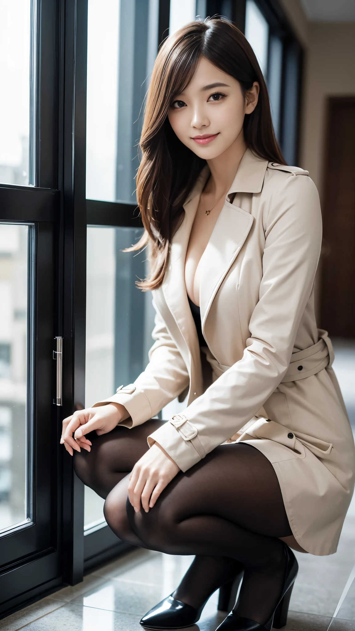 high heels,no panties,bottomless,coat,(pantyhose:1.2),black hair,kneeling,indoors,blurry,boots,photo (medium),shoes,(convenient leg:1.1),(long sleeves:1.2),3d,sheer legwear,full body,(squatting:1.2),smile,legs,depth of field,reflection,long hair,reflective floor,office,collarbone,office lady,realistic,no pussy,blurry background,skirt,lights,plant,dress,picking up,letter,trench coat,formal,shirt,cleavage,underwear,window,convenient censoring,papers,backlighting,sidelocks,dark-skinned female,tiles,hallway,facing viewer,smile