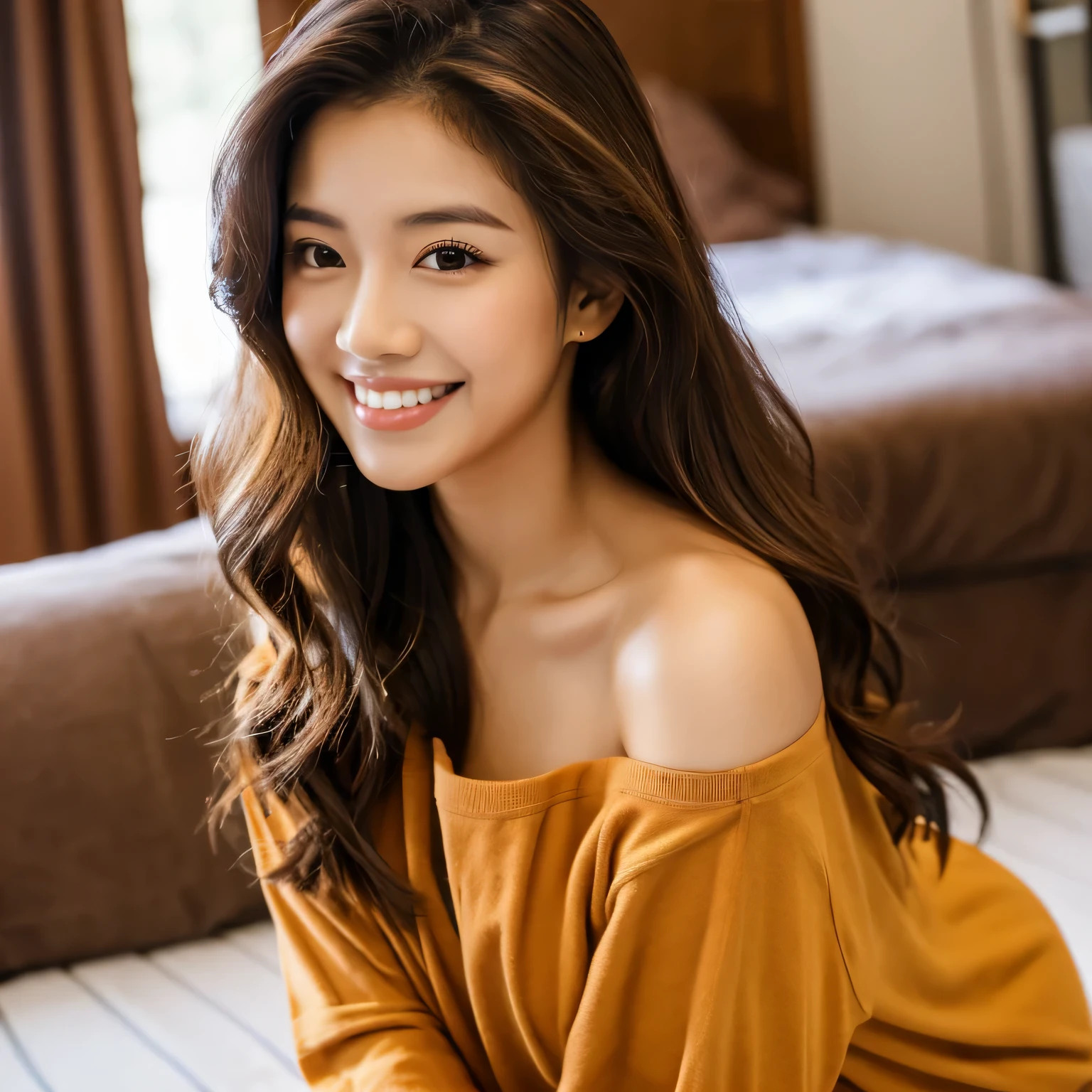 Masterpiece, malay babe, 23yo, professional model, portrait, blur background, white dress, long messy morning hair, off shoulder, dark highlighted wavy hair, soft light, professional light, great smile, hazel eyes,(( casual home wear)), morning bed, ((oversized shirt)), looking straight to audience, large sized breast, shy pose, ((brown shirt)), solo, 8K quality, hi-resolution, midshot, waist shot