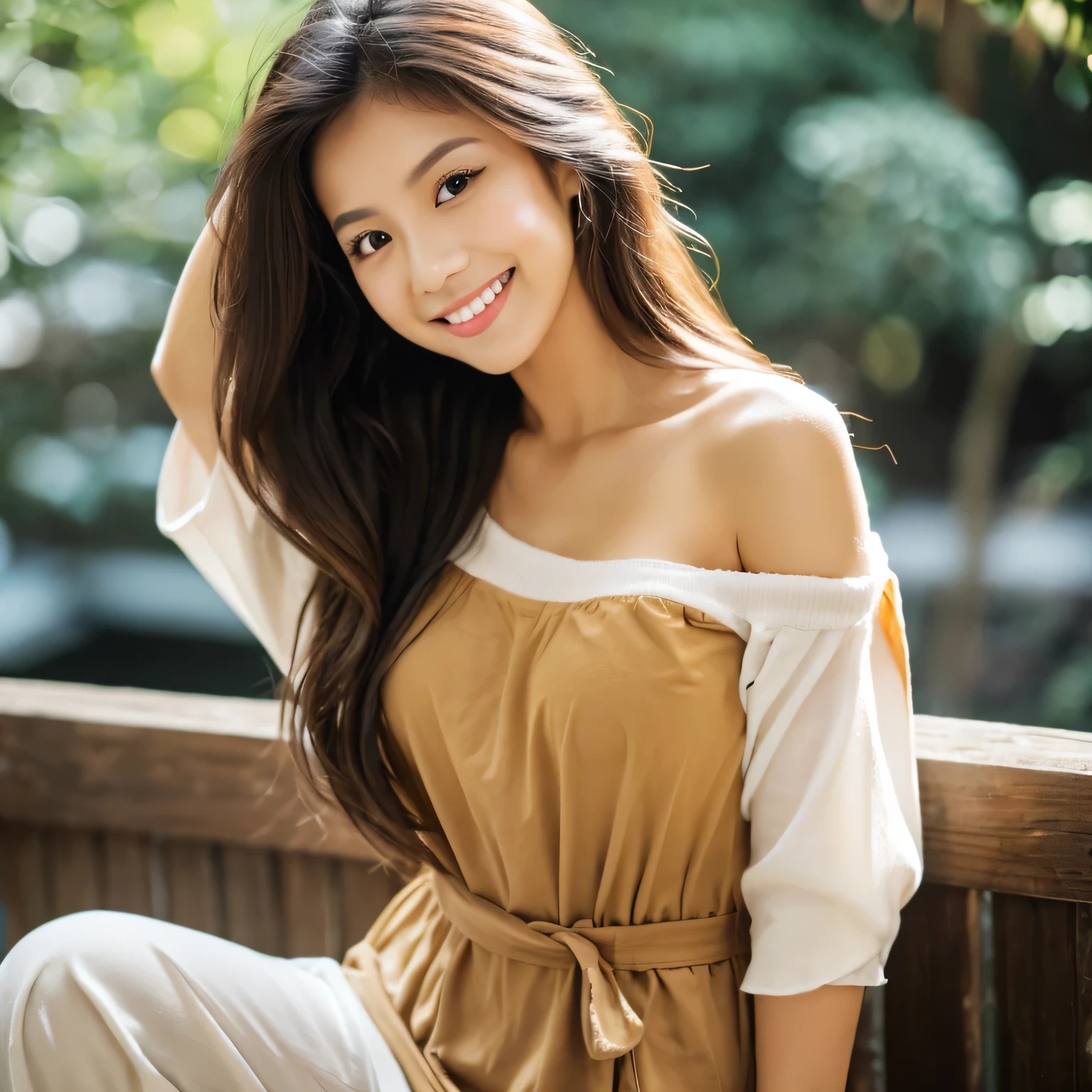 Masterpiece, malay babe, 23yo, professional model, portrait, blur background, white dress, long messy morning hair, off shoulder, dark highlighted wavy hair, soft light, professional light, great smile, hazel eyes,(( casual home wear)), morning bed, ((oversized shirt)), looking straight to audience, large sized breast, shy pose, ((brown shirt)), solo, 8K quality, hi-resolution, midshot, waist shot