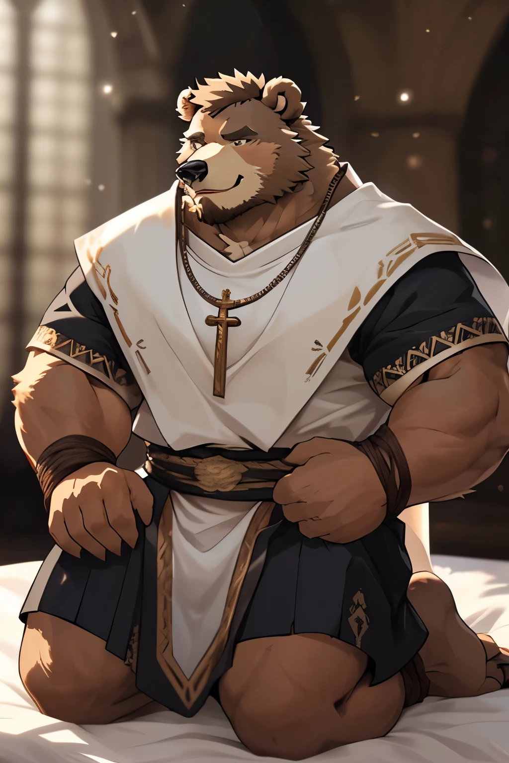 a scene in, depth of field, motion blur, , looking at the audience, (best quality), (masterpiece), (super detailed), sharp focus, Eye, black Eye, hairy, alone, light white fur, brown fur, beard, full-body shot,obvious secondary sexual characteristics, tied up,Kneel on the bed,blink, Smile, human nature (brown bear), male, (brown bear), middle aged, muscular, priest,super detailed face