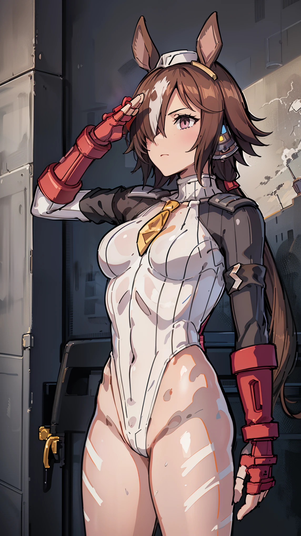 1 girl,NSFW,vodka,(Uma Musume),horse ears, clavicle, absurd, brainwashing,Combatant, empty eyes,((purple glowing eyes 1.5)), No expression, emotions removed,((black shadaloo suit)),look away , whole body shape, ((stand up, salute)),(highest quality、4k、8K、High resolution、must have:1.2)、Super detailed、(reality、It's realistic、realistic:1.37)、ticker、hyper hd、studio lighting、ultra definition paint、sharp focus、Physically based rendering、extreme details、Professional specifications、vibrancy and color、blurry、sports portrait、landscape、horror style、anime big breasts、SF、photograph、concept artist、five fingers, perfect body, {{{masterpiece}}}, {{{highest quality}}}, {{Super detailed}}, {shape}, {{very delicate and beautiful}},Improved cost performance、all roles、Canon 5D MK4でphotograph、photograph,