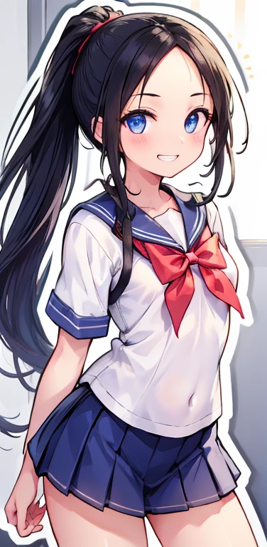 Realistic、1girl、black hair、(forehead:1.3),blue eyes、open stance,(ponytail),(eye focus:1.3,cowboy shot),(gradient eyes:1.3), JK: 1.1,(sailor uniform
)、(grin:1.3),cute face、,(tareme:1.3),(small breasts:1.3),