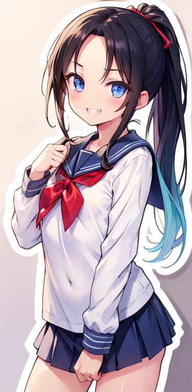 Realistic、1girl、black hair、(forehead:1.3),blue eyes、open stance,(ponytail),(eye focus:1.3,cowboy shot),(gradient eyes:1.3), JK: 1.1,(sailor uniform
)、(grin:1.3),cute face、,(tareme:1.3),(small breasts:1.3),