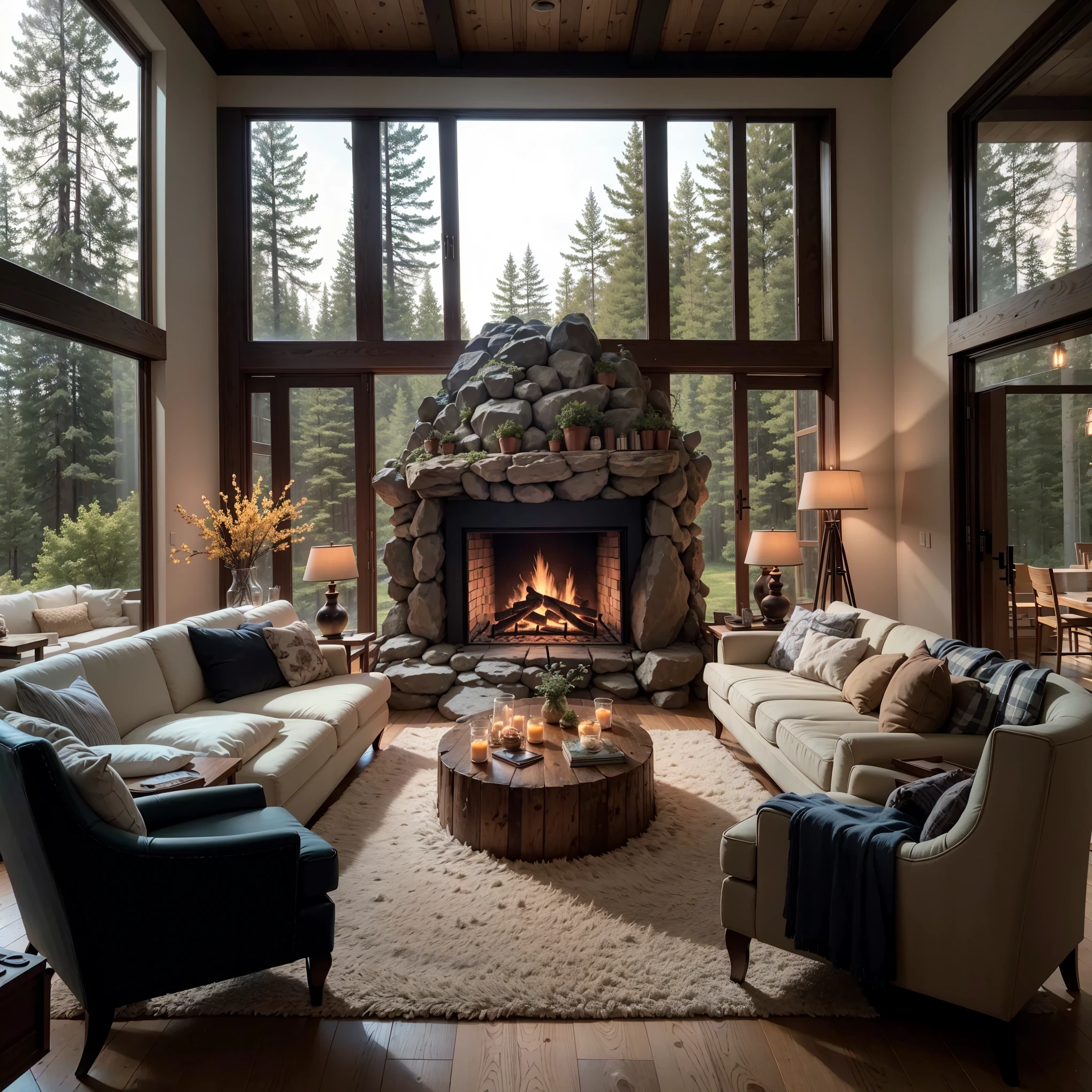 THIS EVENING WOODEN CABIN LIVING ROOM ANIME BACKGROUND, (COZY ATMOSPHERE), (SUBTLE LIGHTING), BRIGHT STONE FIREPLACE FIRE, LIONSKIN RUG THIS EVENING BEST QUALITY, TRANSPARENT GLASS WINDOWS