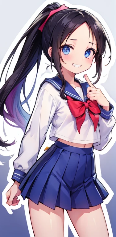 Realistic、1girl、black hair、(forehead:1.3),blue eyes、open stance,(ponytail),(eye focus:1.3,cowboy shot),(gradient eyes:1.3), JK: 1.1,(sailor uniform
)、(grin:1.3),cute face、,(tareme:1.3),(small breasts:1.3),