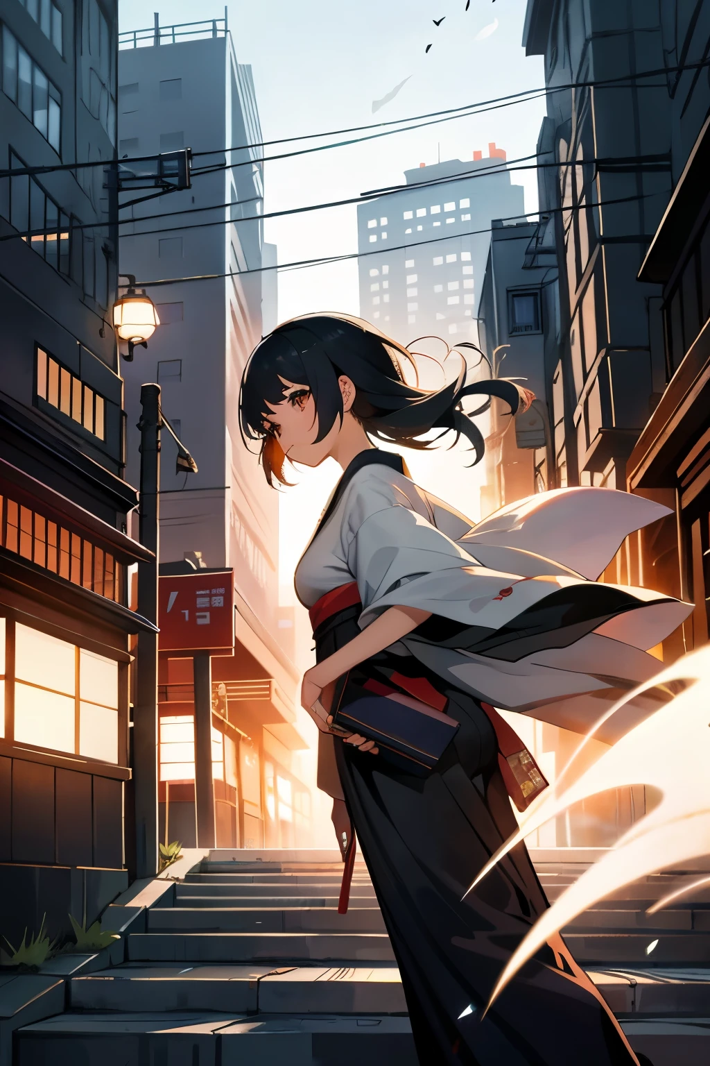 Japanese、beautiful girl、scatter paint、urban background、evening