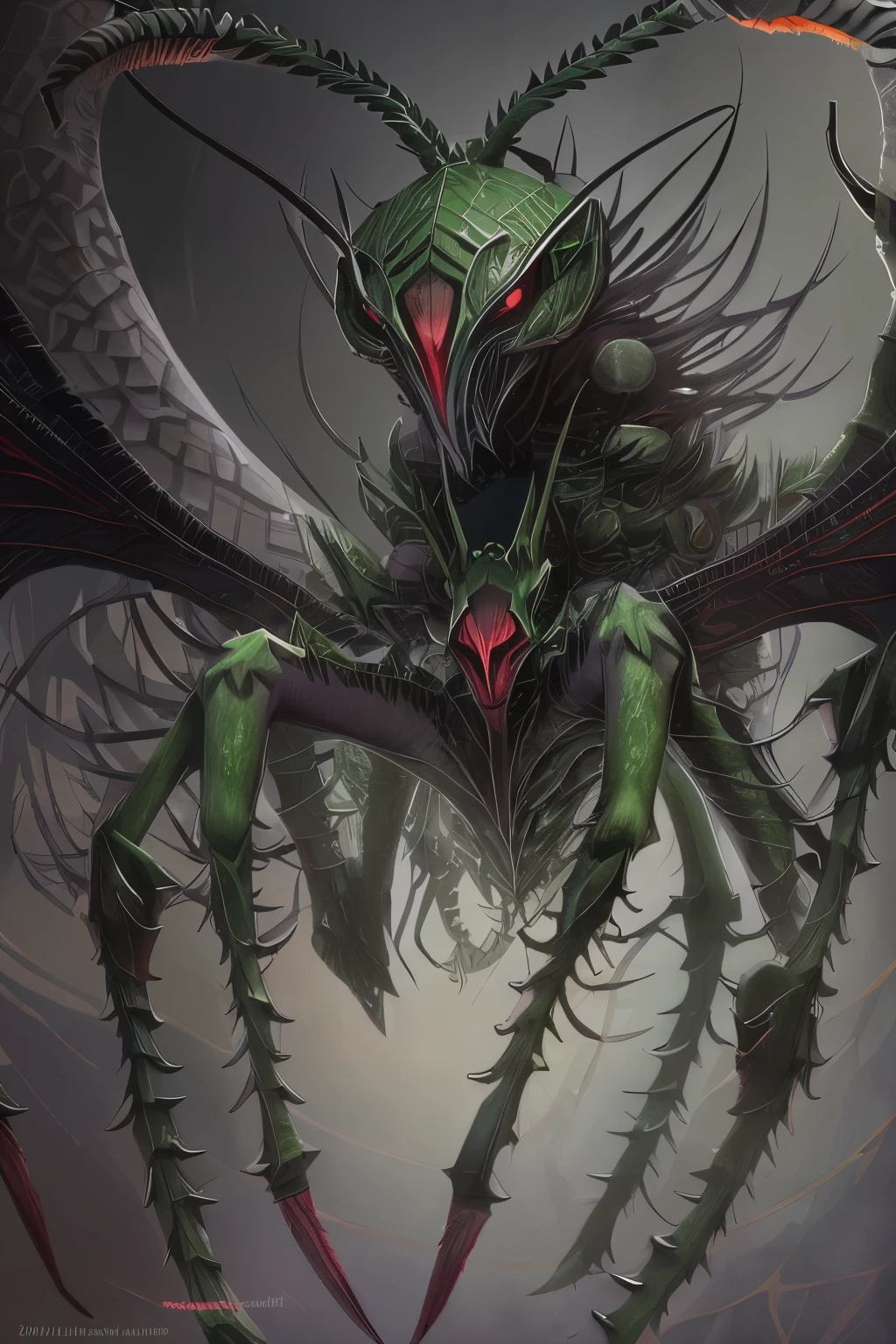 (highres,photo-realistic:1.2),fierce female demon with characteristics of a praying mantis,long sharp mandibles,intense gaze,slender body,exquisite six pairs of arms,camouflaged exoskeleton,striking green color,menacing presence,dark and eerie atmosphere,ominous and haunting composition,demonic energy radiating from her,blood-red eyes,sinister smile,detailed and intricate texture of her exoskeleton,shadows playing on her face,imposing and powerful posture,fire-like aura surrounding her,her figure blending with the surrounding foliage,mysterious mist enveloping the scene,spider-web-like patterns on her wings,piercing antennae extending from her head,venomous aura as she moves,otherworldly and fearsome beauty,expressive and captivating eyes,dark and foreboding background,creepy and surreal ambiance,hauntingly beautiful moonlit setting,her presence exuding an air of danger and intrigue,delicate and deadly movements,sharp and lethal claws,leaping with agility and grace,her eerie charm captivating all who gaze upon her.