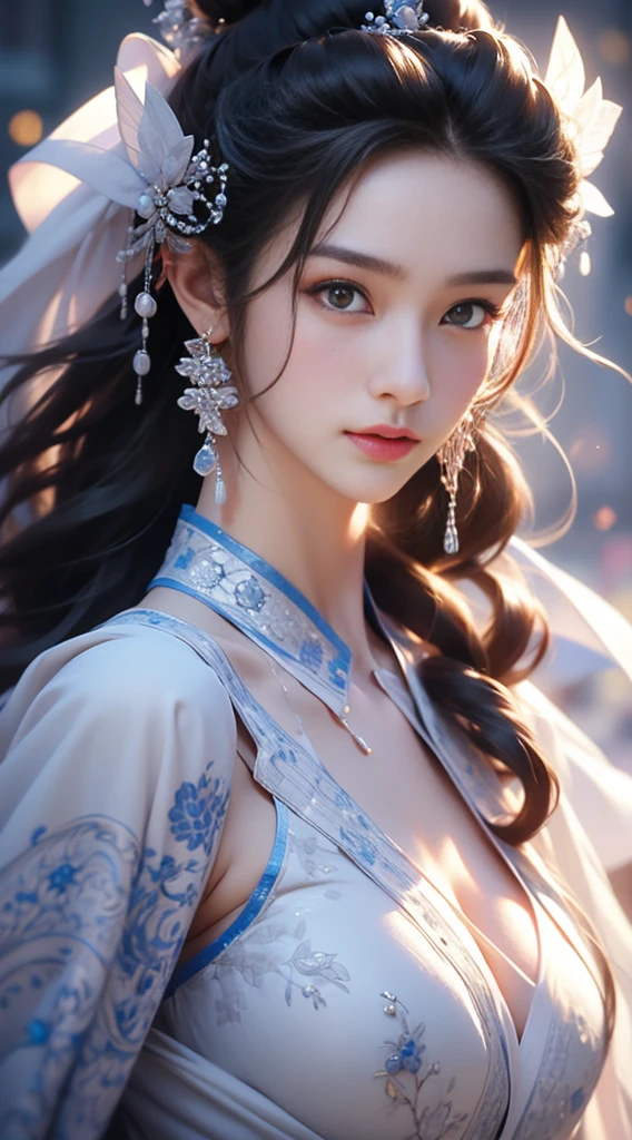 1girl,Sweet,, ,full body ,large breasts,The background is winter,snowy garden,1 girl,beautiful girl,Female Samurai, Holding a Japanese Sword, shining bracelet,beautiful hanfu(white, transparent),cape, solo, {beautiful and detailed eyes}, calm expression, natural and soft light, delicate facial features,very small earrings, ((model pose)), Glamor body type, (dark hair:1.2),  beehive,long ponytail,very_long_hair, hair past hip, curly hair, flim grain, realhands, masterpiece, Best Quality, photorealistic, ultra-detailed, finely detailed, high resolution, perfect dynamic composition, beautiful detailed eyes, eye smile, ((nervous and embarrassed)), sharp-focus, full_body, sexy pose,cowboy_shot,Samurai girl,glowing forehead,lighting, Japanese Samurai Sword (Katana),girl