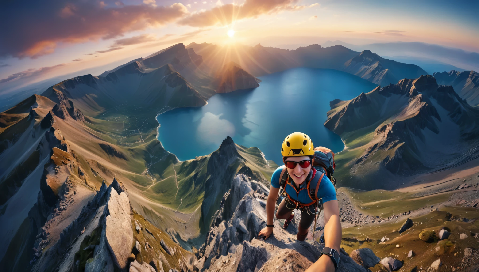 Ultra gran angular, ((ultra wide angle x0.5:1.5, camera view from above)), ((selfie:1.4, a young climber, in climbing clothing, from the top of the mountain, view of beautiful and epic landscape, imposing , 360-degree view)),((perfect, meticulously detailed:1.3, flawless, high definition:1.4, cinematic, ((Masterpiece)), (Hyper detailed: 1.4), (Photorealistic: 1.4), Epic, sunset: 1.4, 32k.