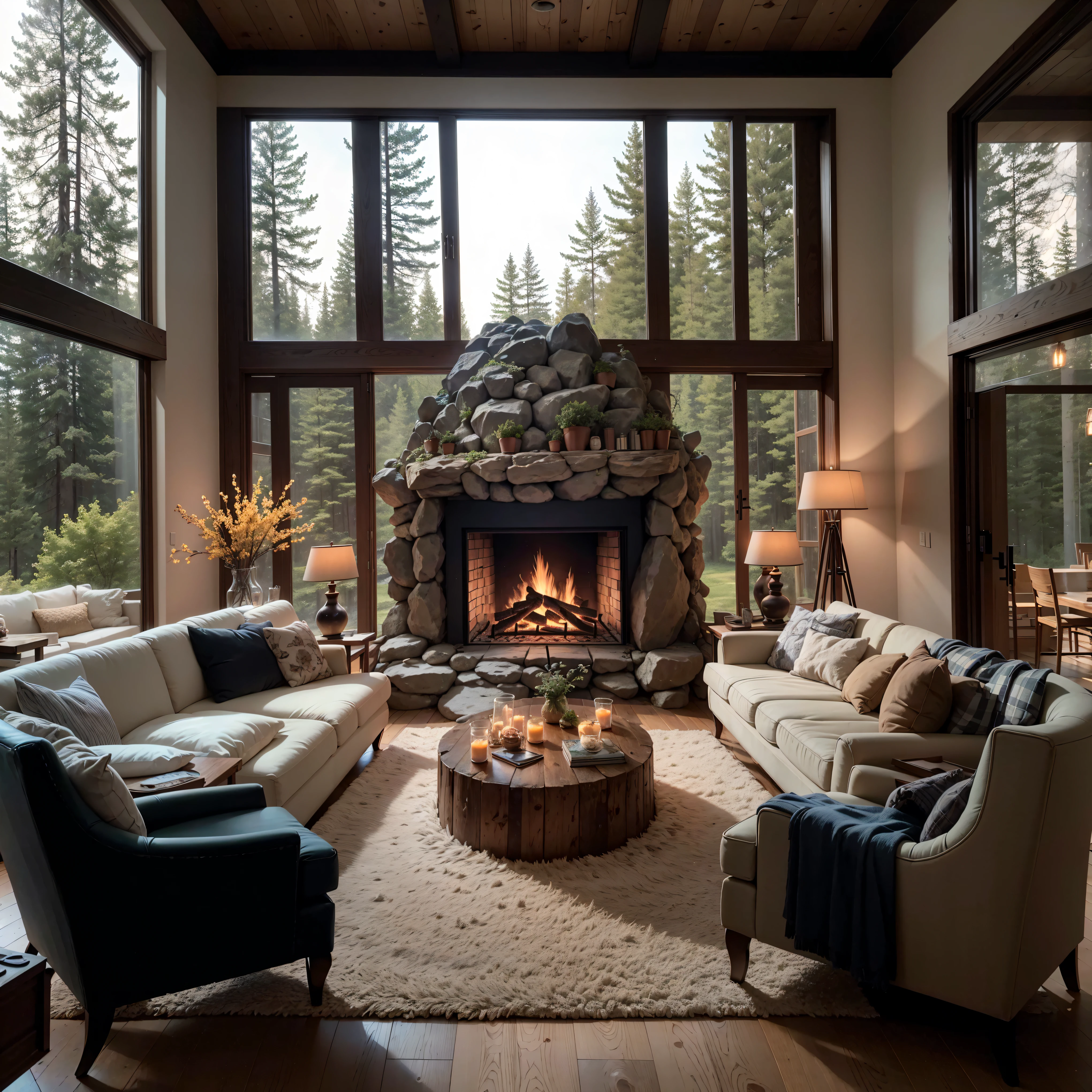 THIS EVENING WOODEN CABIN LIVING ROOM ANIME BACKGROUND, (COZY ATMOSPHERE), (SUBTLE LIGHTING), BRIGHT STONE FIREPLACE FIRE, LIONSKIN RUG THIS EVENING BEST QUALITY, TRANSPARENT GLASS WINDOWS