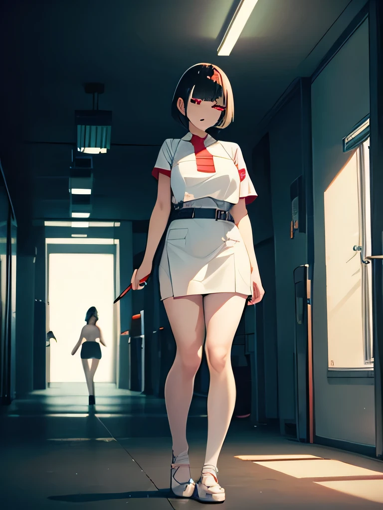 whole body,
Front view,
1 girl,
dull bangs,
short hair,
big breasts,
black hair,
red eyes,
closed one eye,
open your mouth,
No expression,
white nurse,
mini pencil skirt,
white stockings,
ballet shoes,
Are standing,
walk,
Have a flashlight,
dark hospital hallway,
(((dark))),
darkness,
薄dark,
night,