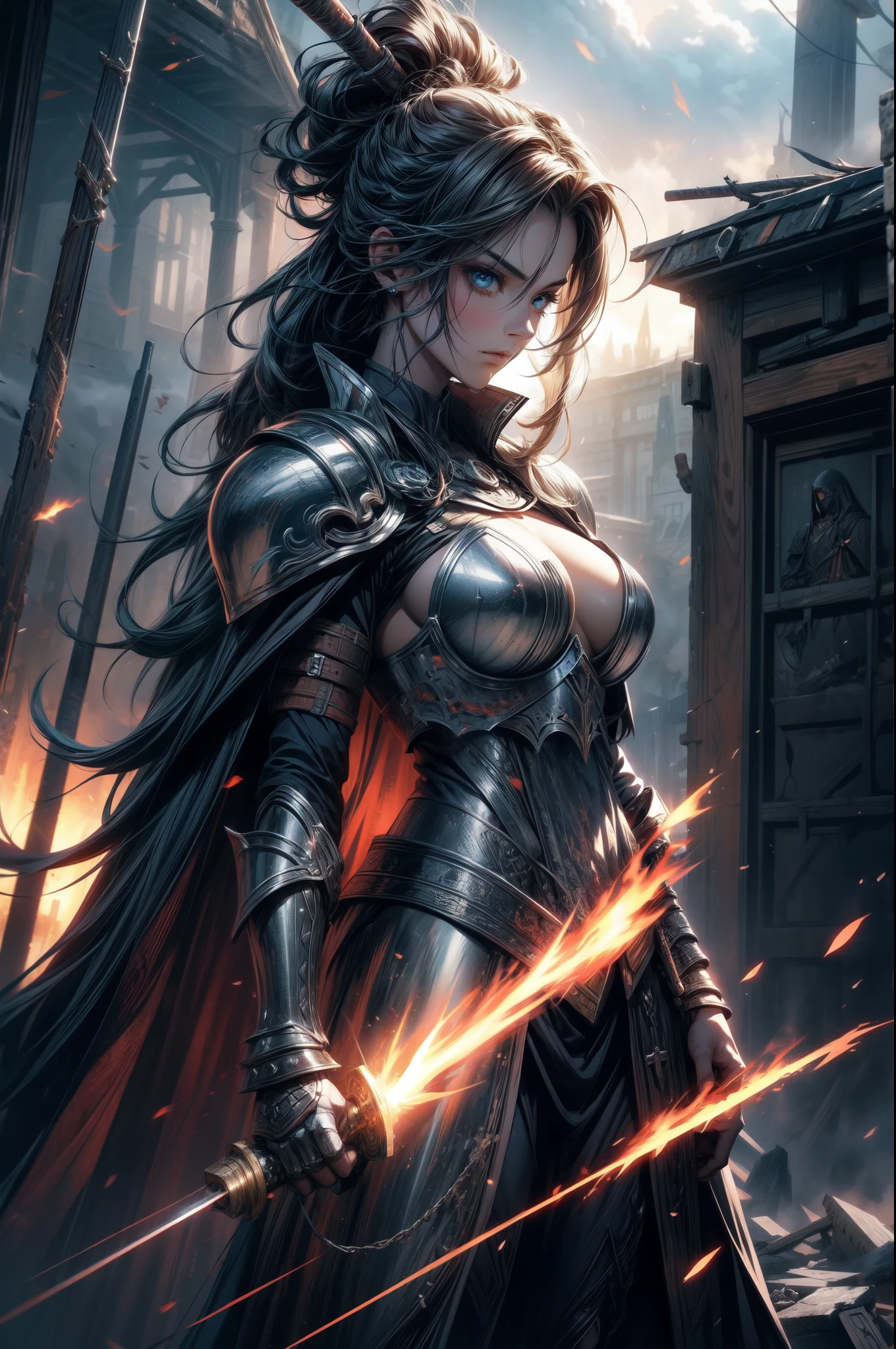 (extremely detailed CG unity 8k wallpaper,masterpiece, best quality, ultra-detailed),strong holy girl knight in the middle of war,armor,shield,sword,battle scene,flaming arrows,smoke,rubble,fallen enemies,sunlight piercing through clouds,dust-filled air,determined expression,cape,crumbling landscape,holy aura,shimmering armor,remote location,heroic stance,grim atmosphere,dynamic pose,vivid colors,dramatic lighting,action-packed,warrior maiden,hopeful,confident,heroic,medieval,epic,concept art,war-torn environment,dark and intense color palette,ominous sky