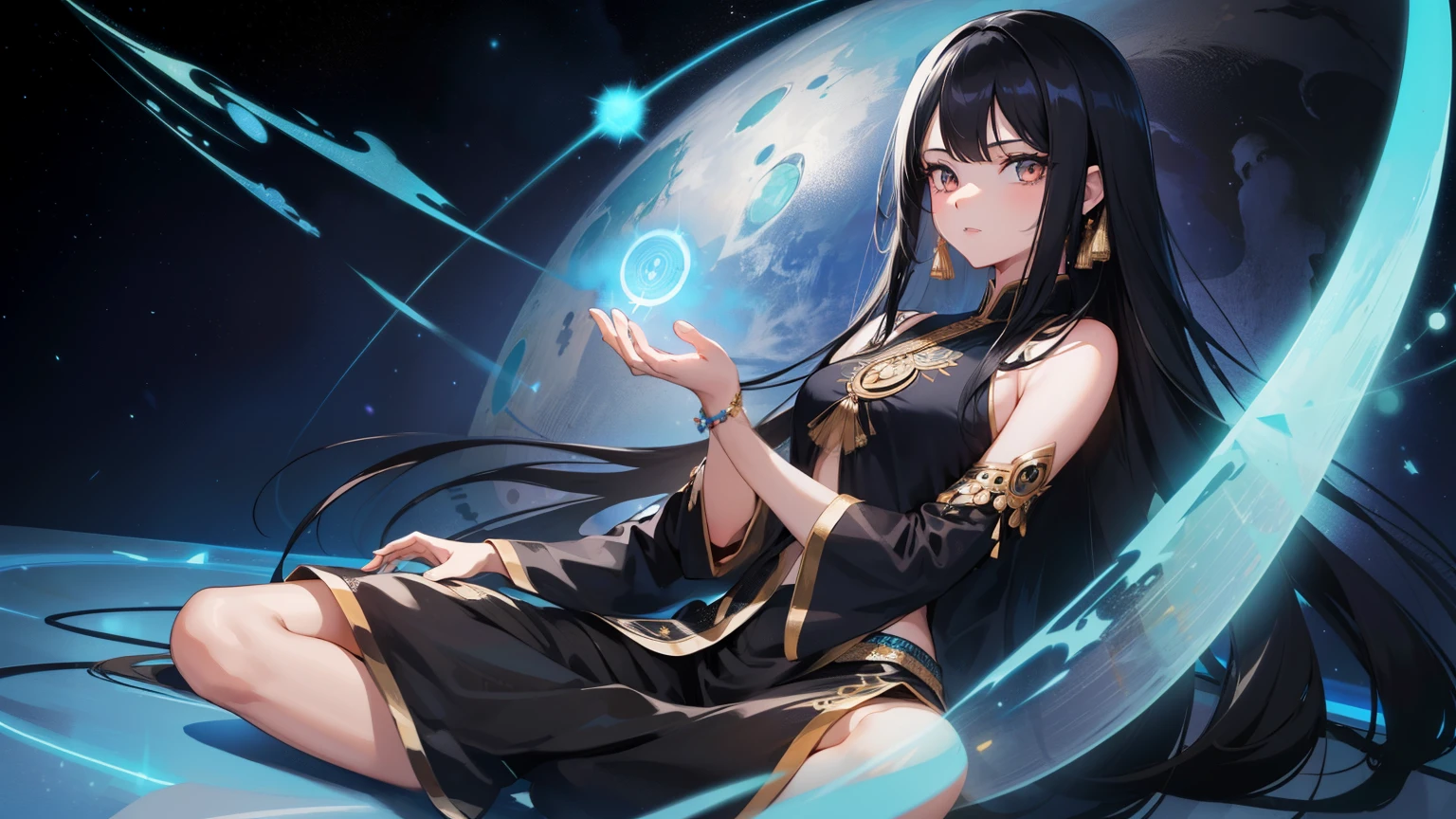 (1 girl, long black hair, shine, shine eyes) (Digital) ( Detailed asteroid crossed legs Indian style, (shalwar kameez)) , highest quality, insane,Hypnosis