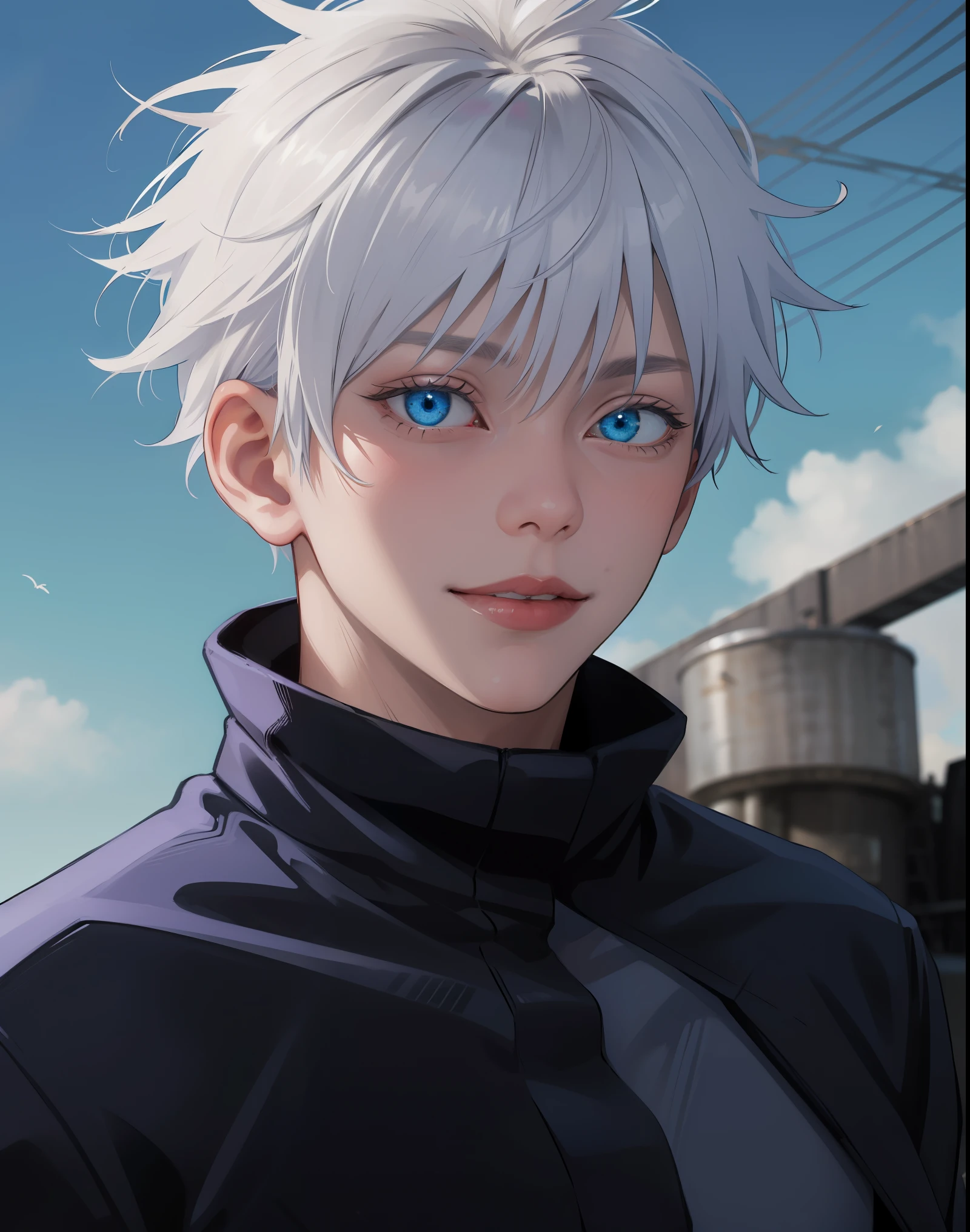 masterpiece, best quality, 1boy, close up potrait, gojou satoru, jujutsu kaisen, white hair, short hair, blue eyes, beautiful blue eyes, black jacket, black pants ,high collar, long sleeves, shoes, upper body, smile, looking at viewer, solo, blue sky, meadow background , beautiful blue lights in the background, 4k anime 