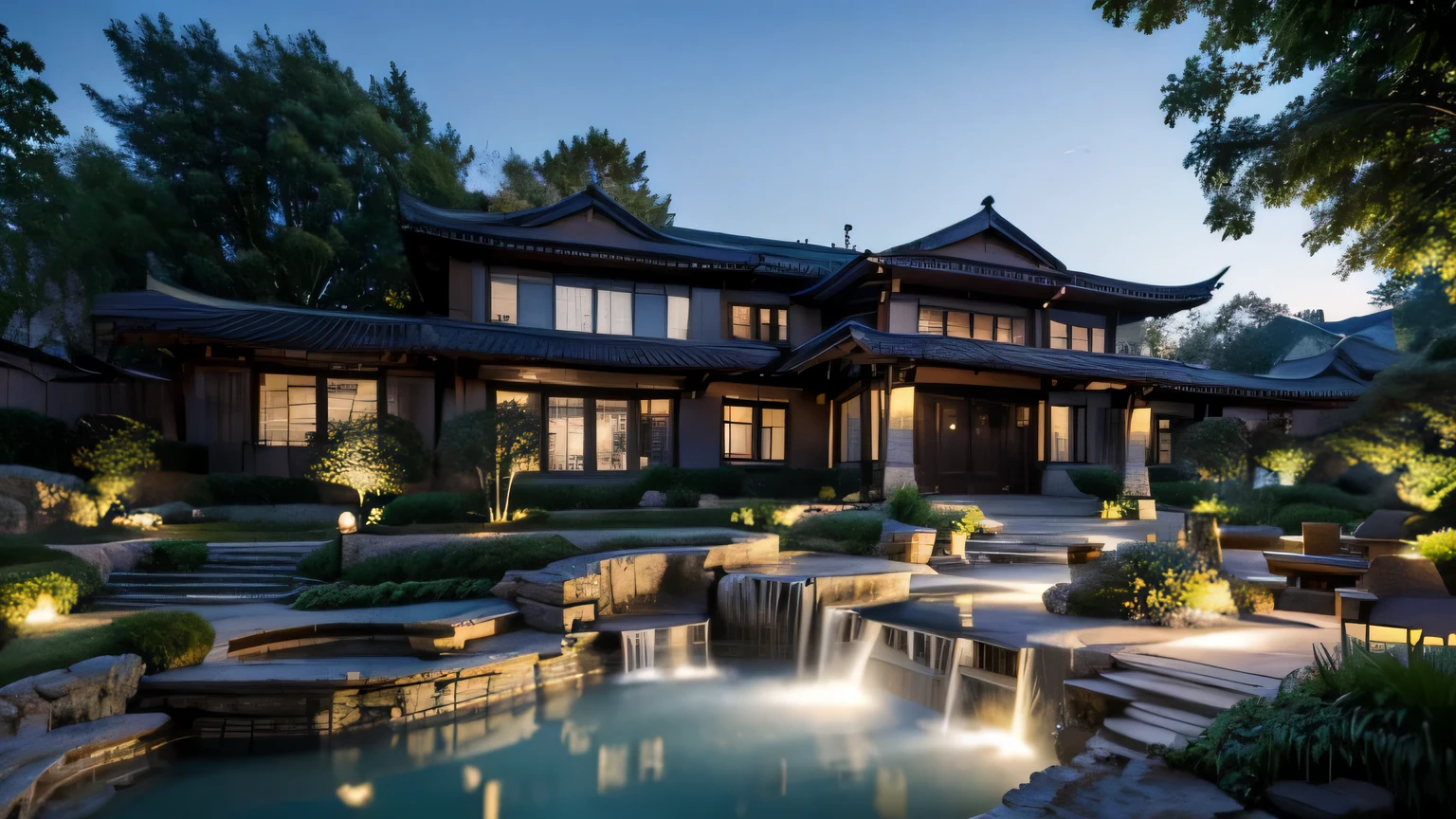 Ancient Chinese architecture, moon, midnight, garden, bamboo, lake, stone bridge, rockery, arch, corner, tree, running water, landscape, outdoor, waterfall, grass, rock, water lily, hot spring, water vapor, (Illustration: 1.0), Epic Composition, Realistic Lighting, HD Details, Masterpiece, Best Quality, (Very Detailed CG Unity 8k) --v 6