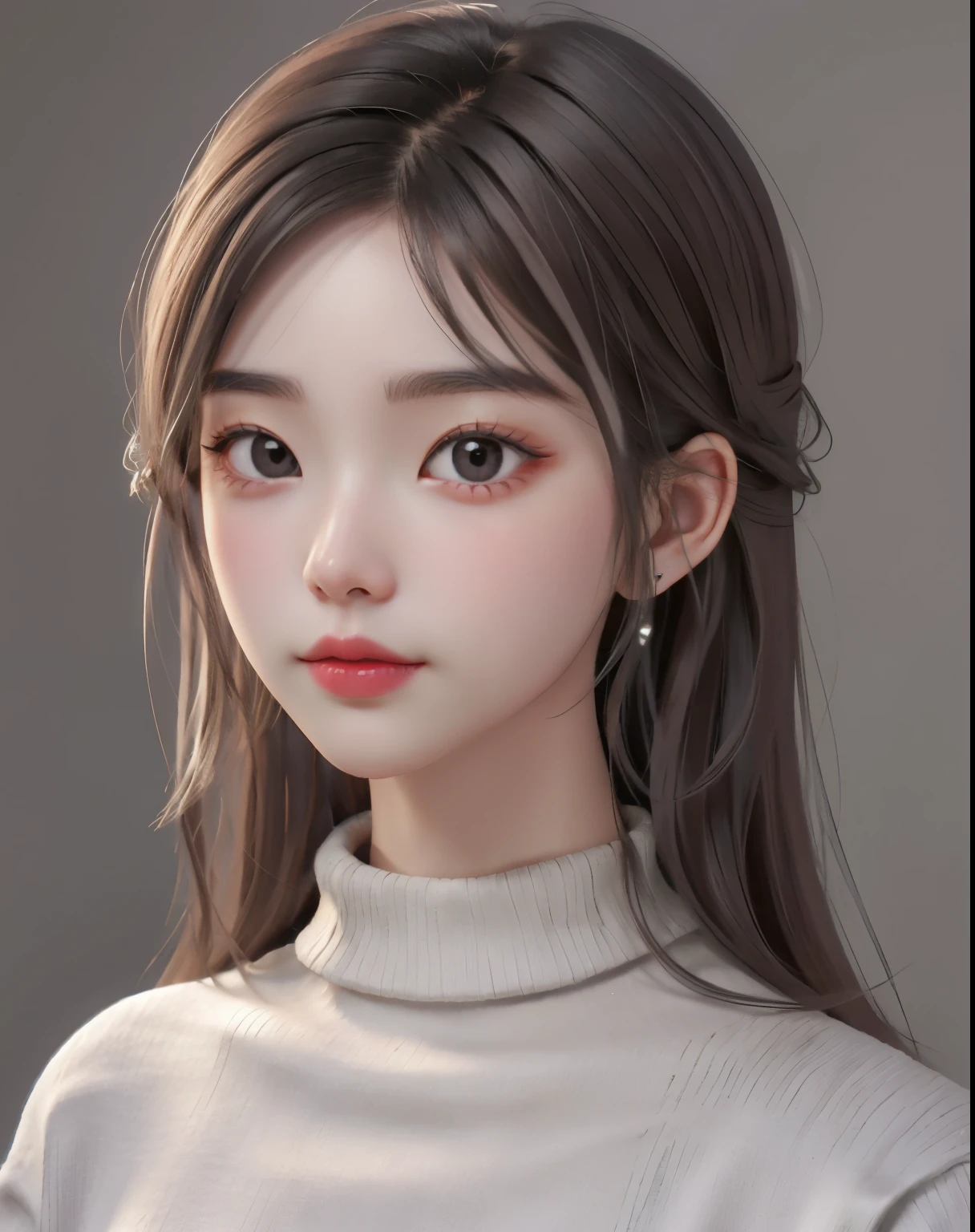 Girl, long brown hair, gray eyes, sharp features, white skin, cherry lips, sweater