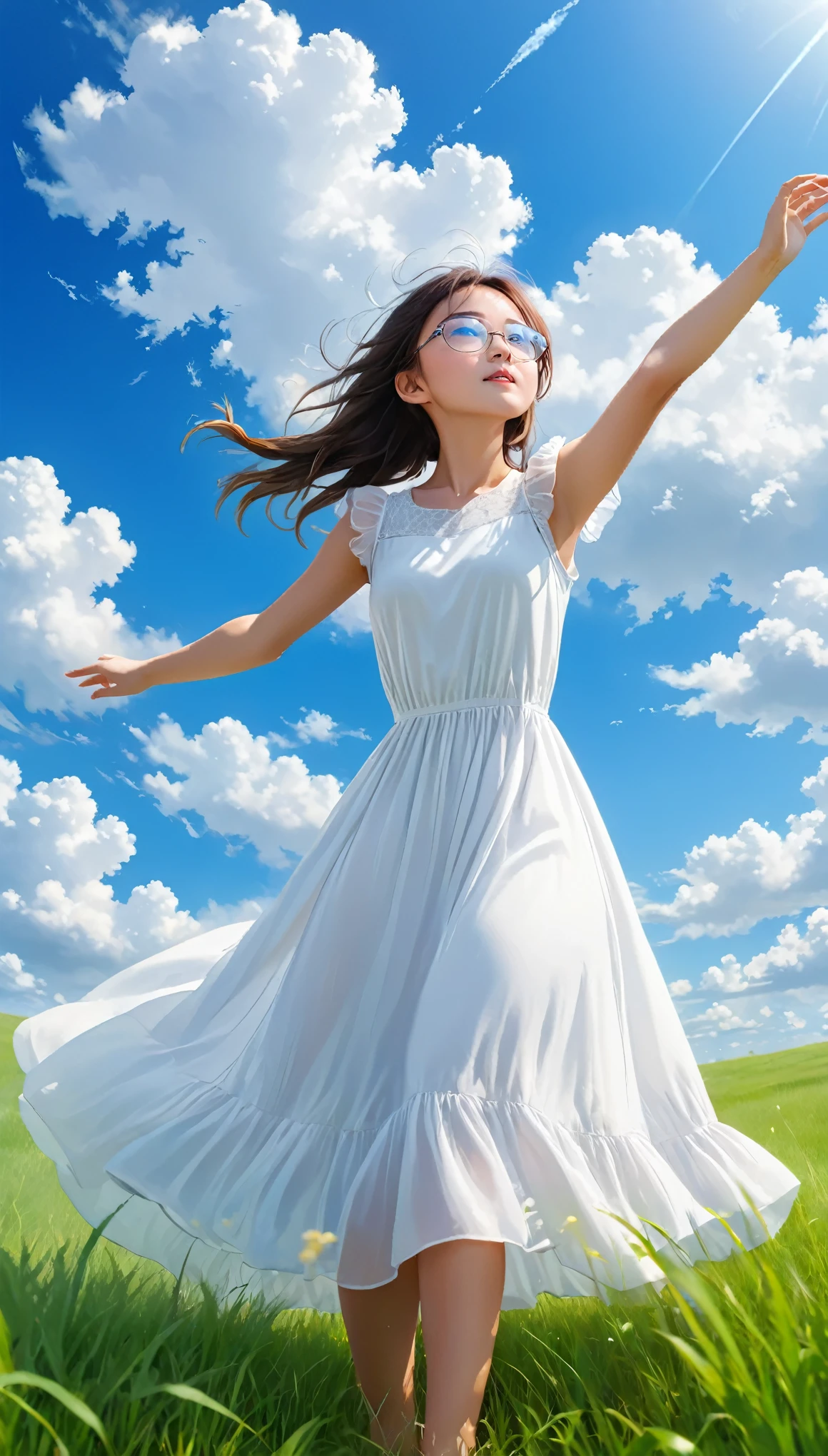 Blue sky and white clouds, A girl in a white dress on the grass, ((Reaching for the sky)), ((best quality)), ((masterpiece)), (detailed), perfect face, Protect eyesight, clear world, correct finger