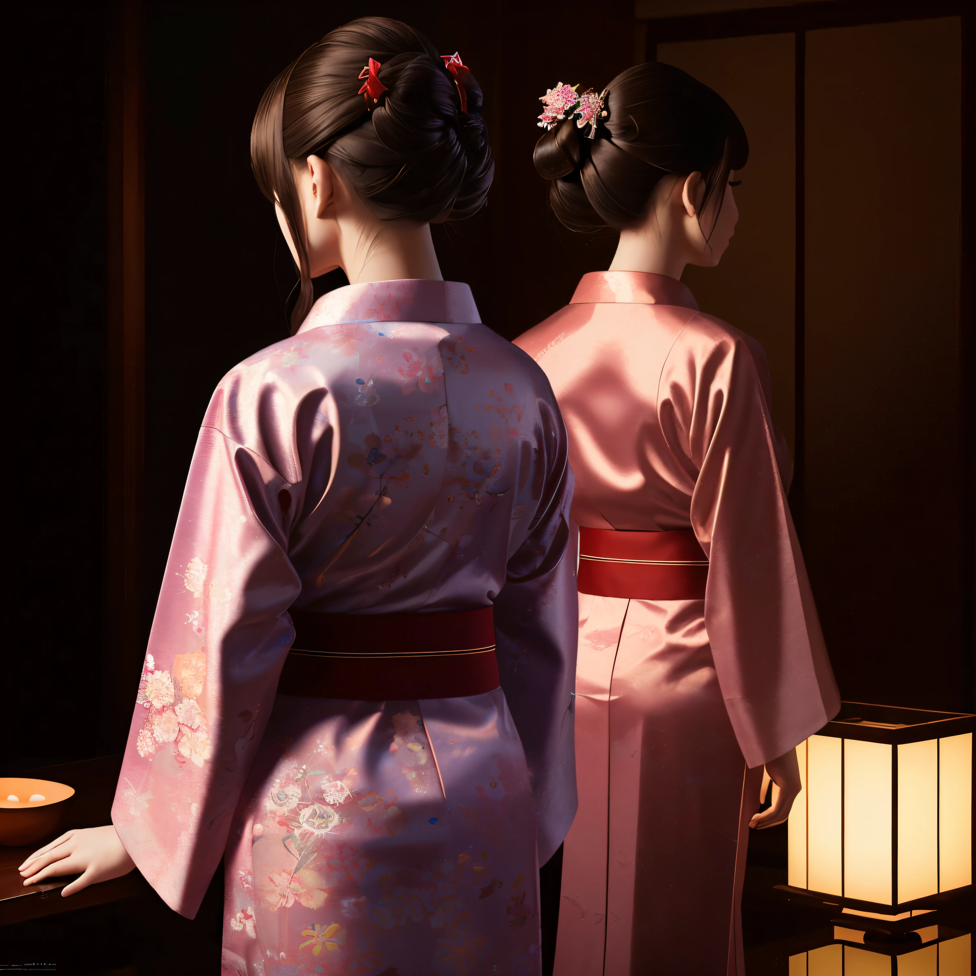 (8K, Raw photo, highest quality, masterpiece:1.2), (realistic, photo-realistic:1.37),1 girl, night, professional lighting, photon mapping, Japan Doll, yukata, Rear view