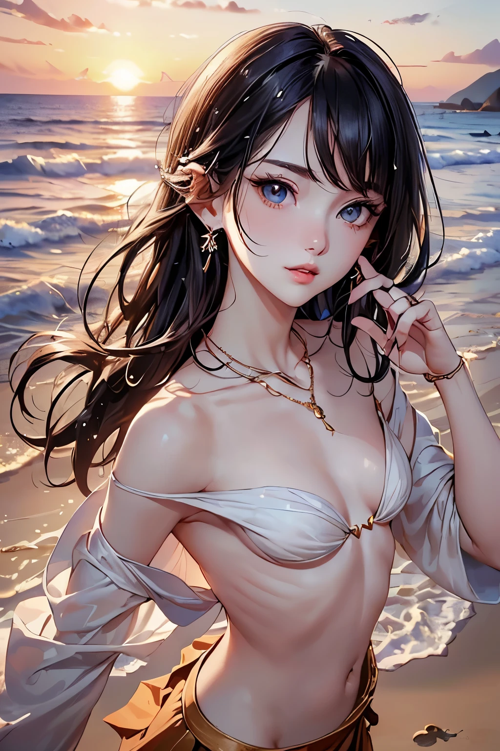 ((Biologically correct number of limbs))、((natural finger shape))、(( Full body photo including face))、standing position、[NSFW]、4K、masterpiece、((focus on the face))、((Symmetrical facial features))、Eyes of minute description、Beautiful woman、outstanding style、beautiful clavicle、beautiful legs、beautiful hands、glamorous、(small 、thin thighs）、(high heels）、Detailed depiction of faces、small earrings、necklace、(upper body off shoulder、paleo、skirt）、Splashing on the beach、The background is the sunset over the sea、
