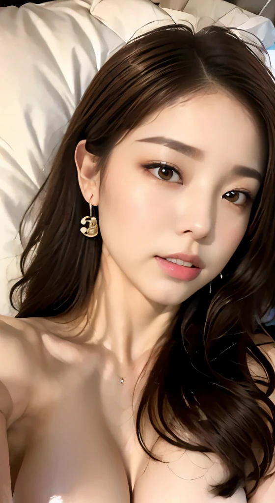 ((highest quality, 8K, masterpiece: 1.3)), 1 girl, The beauty of slim abs: 1.3, ( casual and cute hairstyle: 1.2), : 1.1, nervous face and anger, fine eyes, double eyelid, with earrings, Bedroom, concert makeup, ((medium breast nude, cute chest)), (lying on the bed), (The portrait was taken from above her lying body)