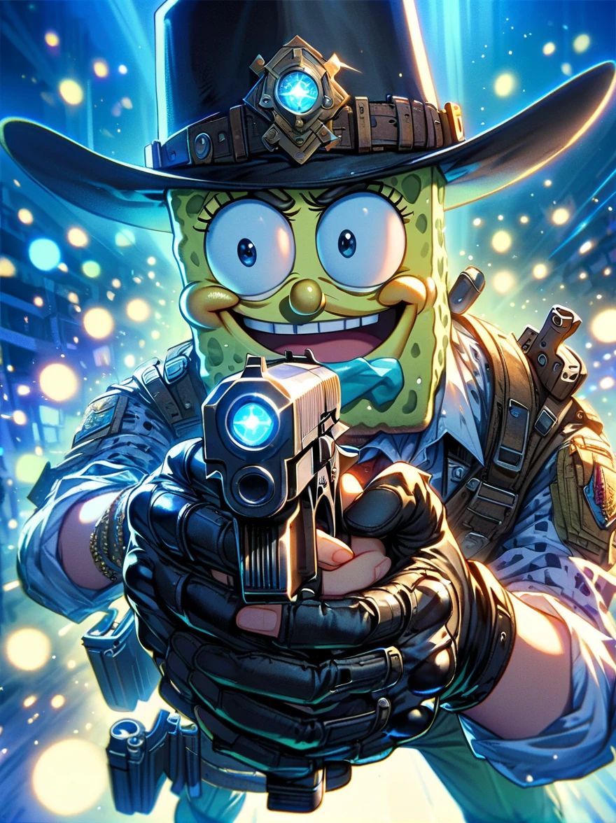 1 SpongeBob SquarePants,Holding a Desert Eagle pistol in both hands,aim at you,The scene is illuminated by blue lights