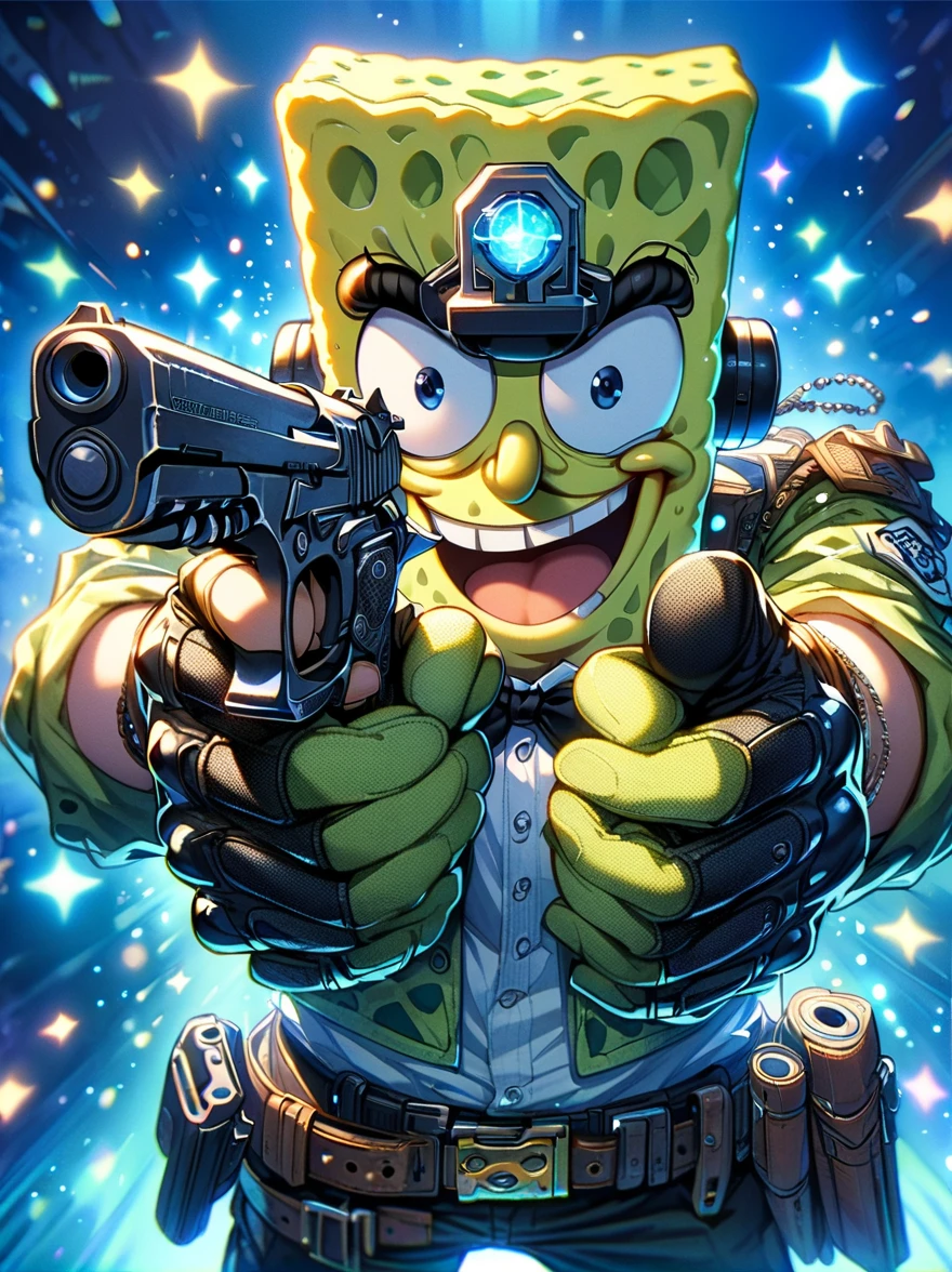 1 SpongeBob SquarePants,Holding a Desert Eagle pistol in both hands,aim at you,The scene is illuminated by blue lights