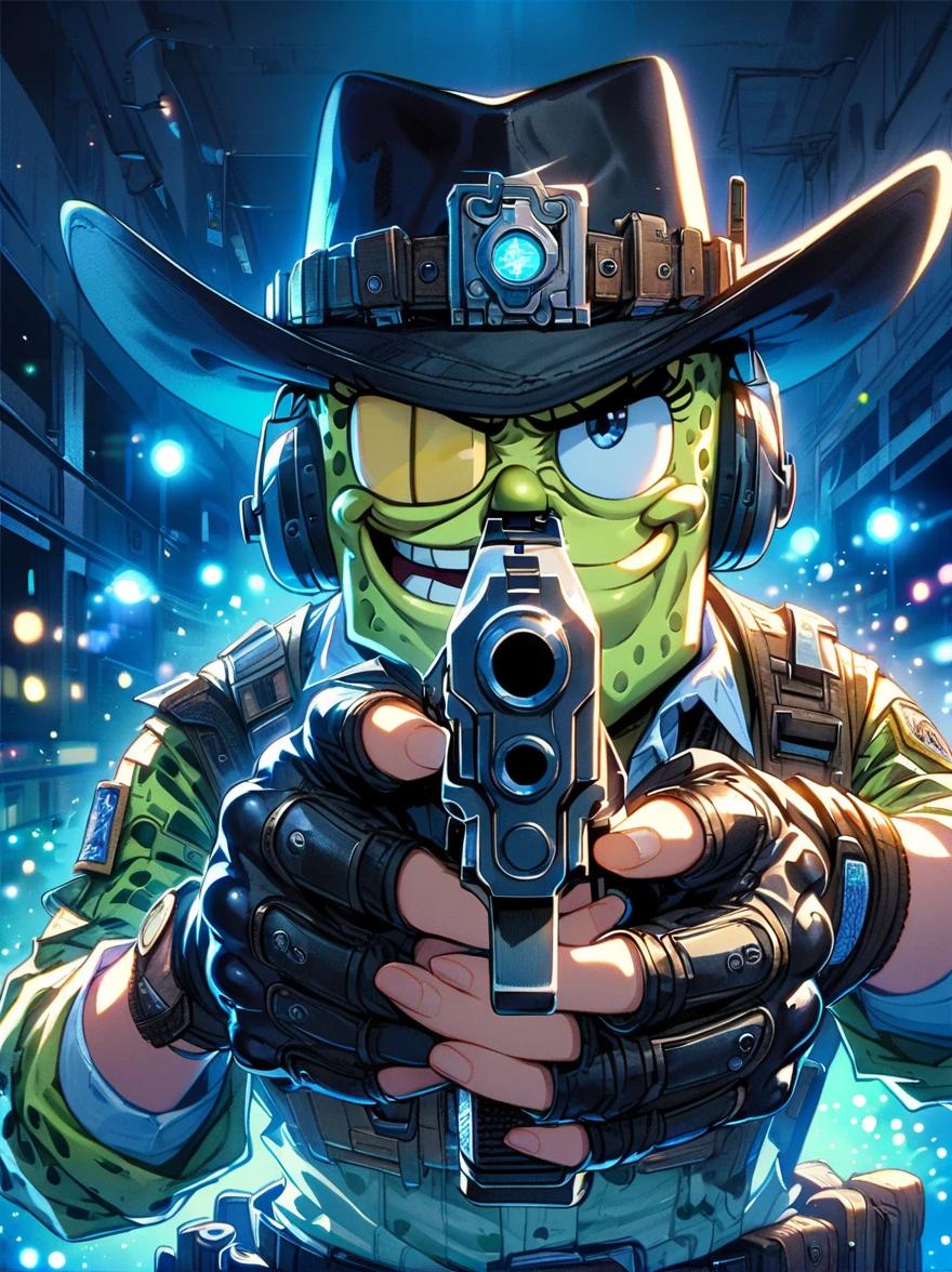 1 SpongeBob SquarePants,Holding a Desert Eagle pistol in both hands,aim at you,The scene is illuminated by blue lights