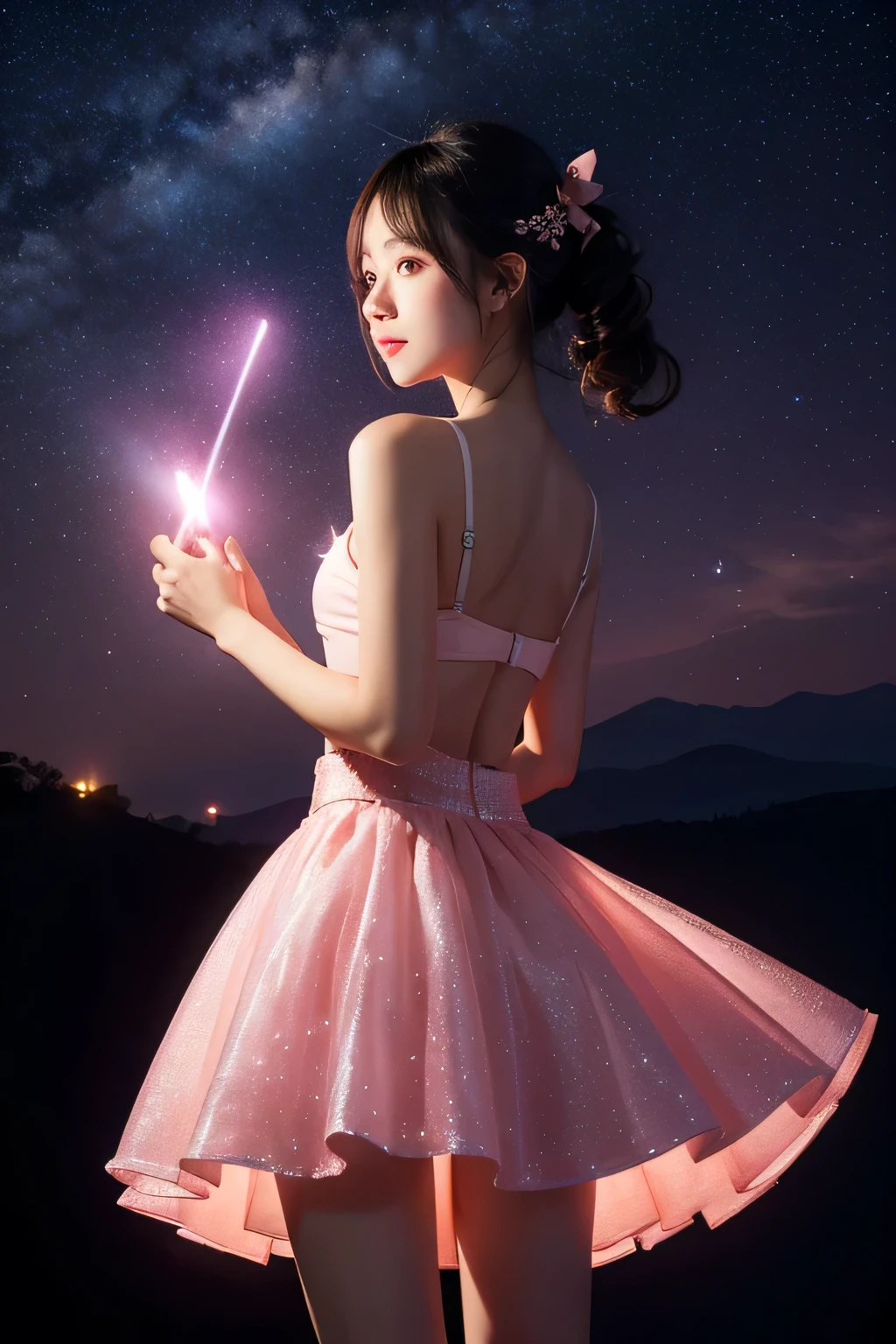 night,panoramic,girl,magic wand,Dream,Countless stars,pink skirt,Character backlighting,magic wand有特效