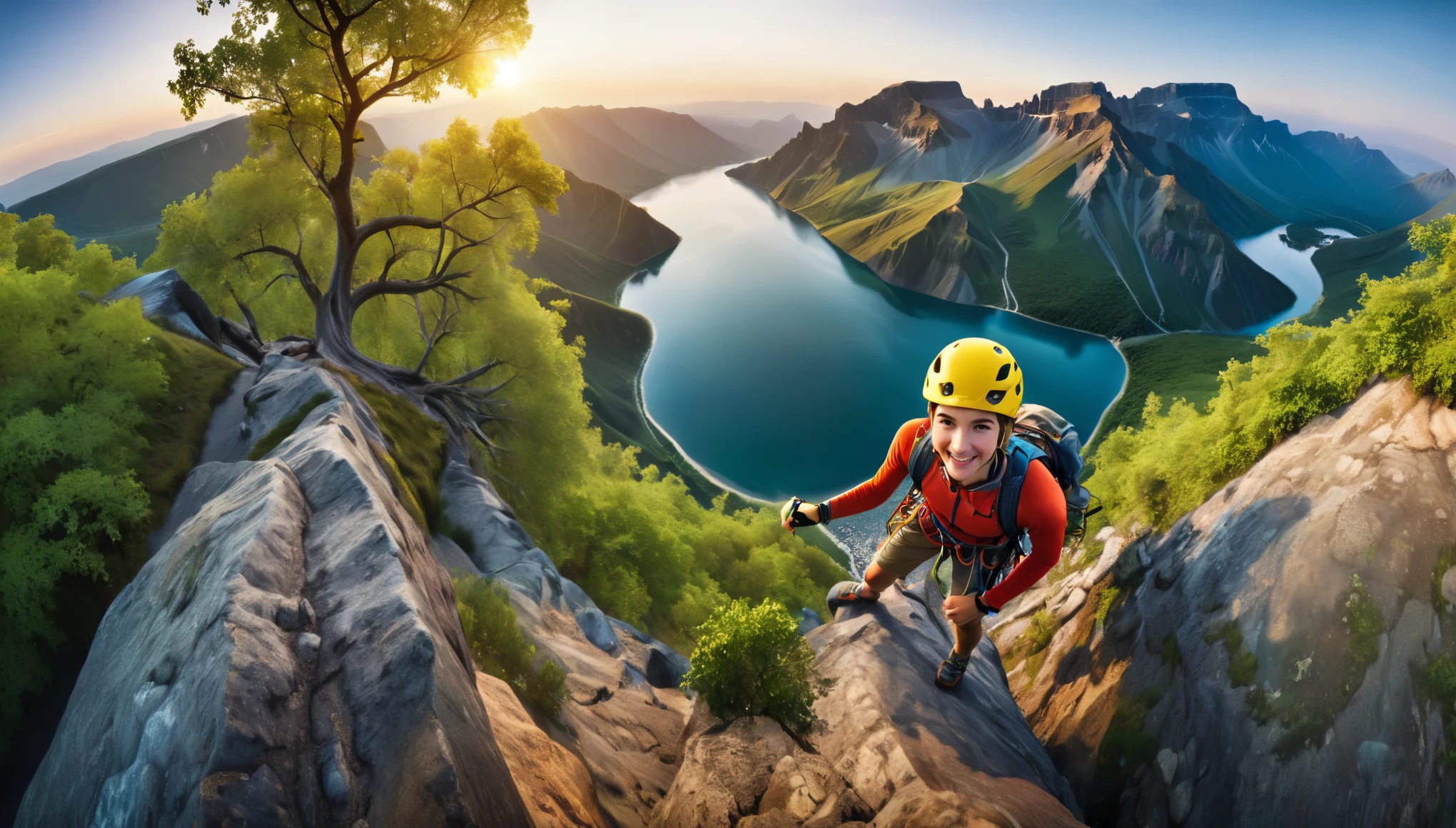 ((ultra wide angle x0.5:1.5, camera view from above)), ((selfie:1.4, a young climber, in climbing clothing, from the top of the mountain, view of beautiful landscape, trees, river, epic, stunning, 360 degree view:1.5)),((perfect:1.3, meticulously detailed:1.3, flawless, high definition:1.4, cinematic: 1.4), ((Masterpiece)), (Hyper detailed: 1.4), (Photorealistic: 1.4), Epic, sunset: 1.4, 32k.