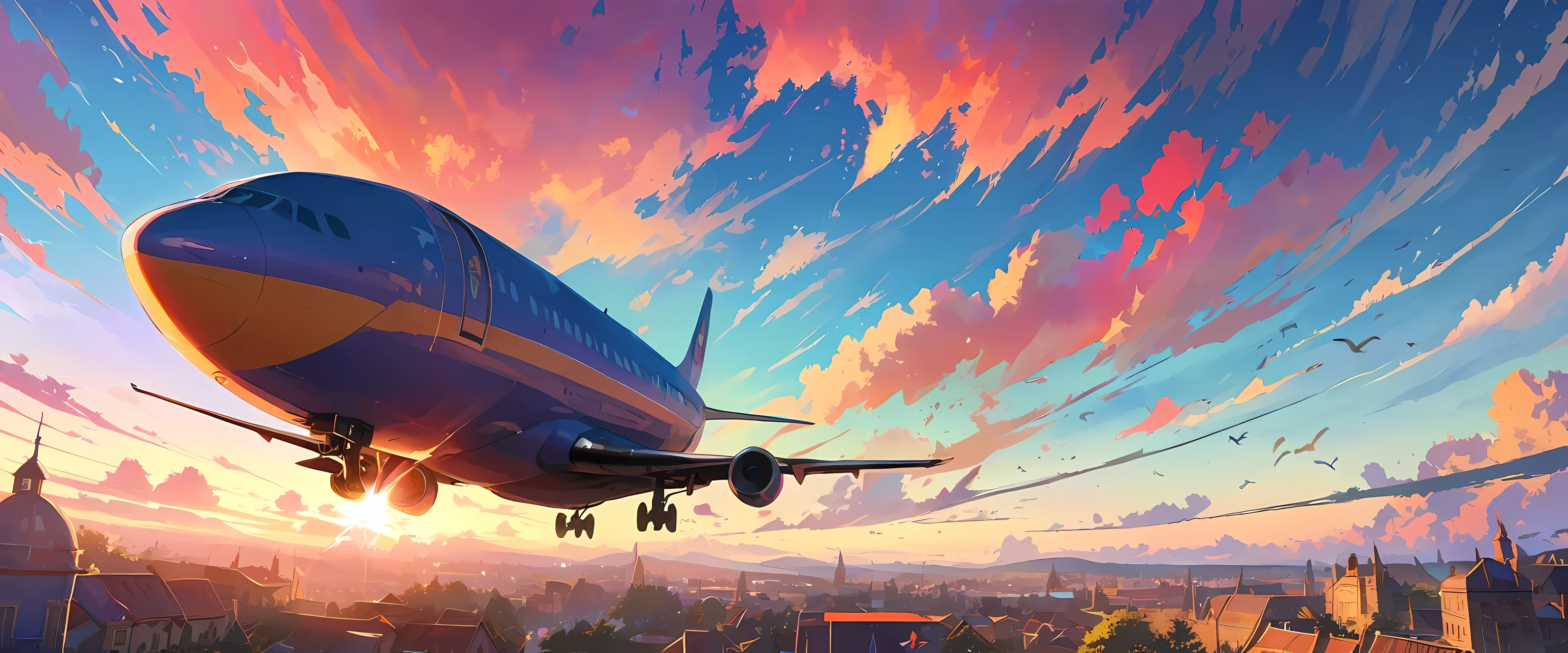 (3d:0.5,actual:0.5,photoactual:0.5),(ridiculous,Super resolution,masterpiece,best quality,meticulous,ridiculous:1.2), dramatic light, dramatic lighting, cinematic, anime scenery, Xin Haicheng, Ghibli, dream world, magic, beautiful sky, cloud, architecture, bike, aircraft trajectory, birds, dramatic lighting, cinematic lighting, Sunset, warm Sunset, warm sunshine, street, depth of field, lens flare,