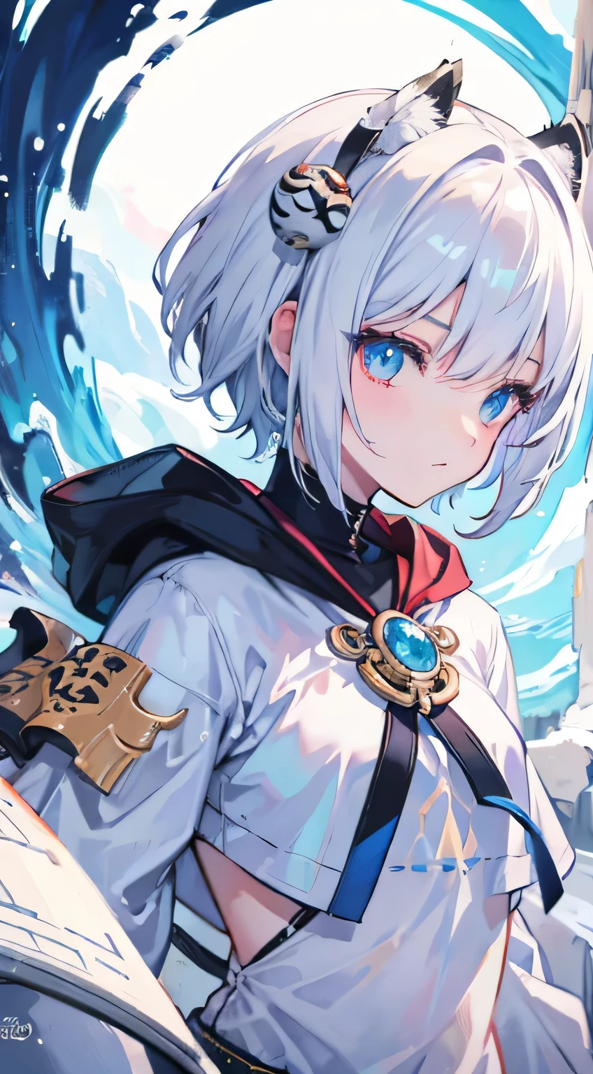 a close up of anime girl with a white short hair and tiger stripes in cheeks, pixiv contest winner, fantasy art, white haired deity, beautiful character painting, artwork in the style of mogoon, the piercing stare of yuki onna, short hair with some black streaks, masterpiece, best quality