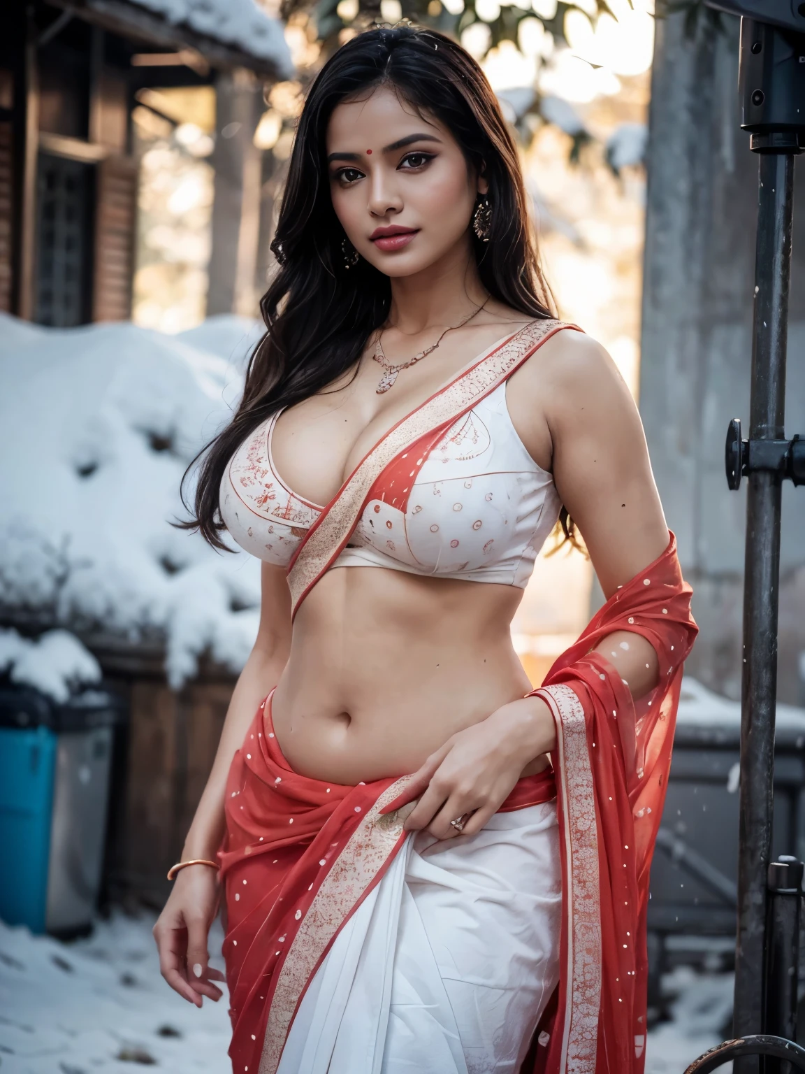 Hot and sexy woman, gigantic breasts, cleavage, wore stylish and design hot and sexy Light orange and white colour saree (printed design), standing in snowfall (afternoon time), standing & model pose, beautiful body, masterpiece, ultra realistic,detailed, 16 k , Film type light, potrait photography,camera angle front, looking at viewer