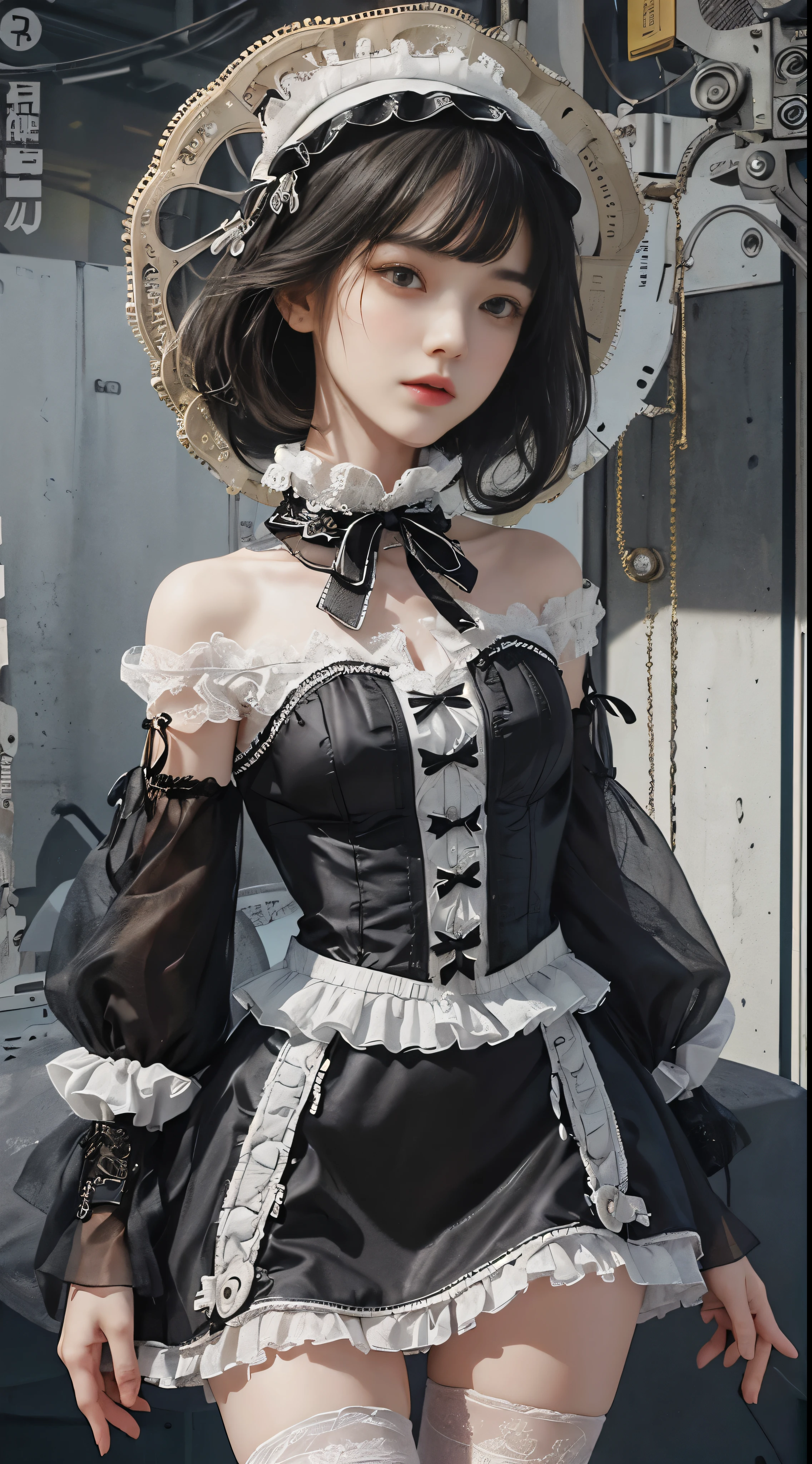 (((masterpiece, highest quality, Super detailed))), 1 female, (((very thin body))) , (((length, thin legs))), (((black short bob, thick fluffy bangs ))), (((highly detailed face))), No cosmetics, small and thin nose, thin mouth with small lips, (((Very sharp focused eyes))), Precise pale gray eyes with large slits, shine like a jewel, length eyelashes, ((Highly decorative intricate mechanical steampunk fashion, Lace Flare Mini Skirt, above the knee lace stockings, Lace Off Shoulder Lolita Fashion, Overly decorative fashion)), Abandoned Night, Complex mechanized steampunk factory catches fire and explodes, (((Overall accuracy has been dramatically improved, creating a Super detailed and realistic image))), super realistic photos, (((steampunk gun)))