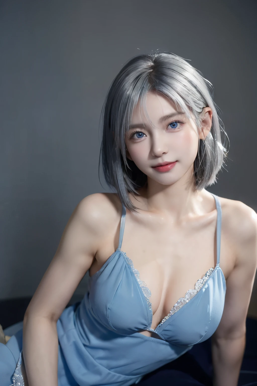 girl(Wearing a blue dress), (Raw photo, highest quality), (realistic:2.0) ,whole body,masterpiece, very delicate and beautiful, very detailed,, wonderful, finely, Super detailed, High resolution, soft light, 美しい詳細なgirl, beautifully detailed nose, detailed beautiful eyes,beautiful legs,big breasts,(looking at the viewer:1.4),(japanese idol:1.4),(silver short hair:1.4), (blue eyes:1.3),(laughter:1.2),random pose,random background