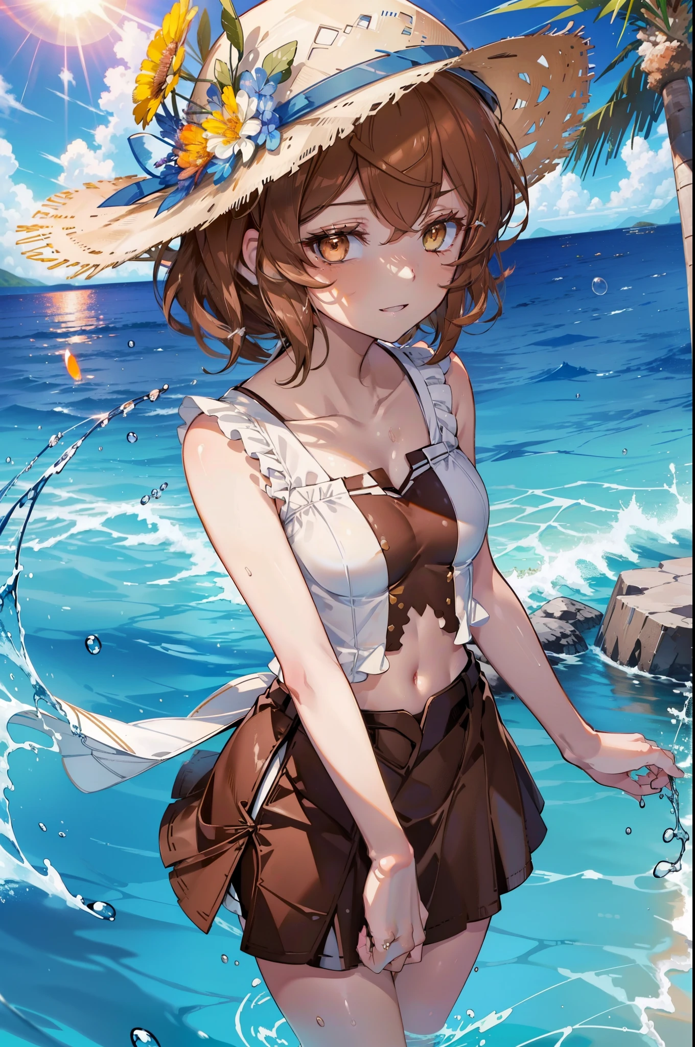 Lililukarde, Liliruka gets burned,  (brown eyes:1.7), brown hair,short hair, (small breasts:1.2), short hair,happy smile, smile, open your mouth,big straw hat,white sleeveless dress,bare arms,put both arms behind one&#39;s back,long skirt,Cute Sandals,Light of the sun,Palm tree,Breaking the sandy beach looking at viewer,Breaking the upper body outdoors, beach
break (masterpiece:1.2), highest quality, High resolution, unity 8k wallpaper, (figure:0.8), (detailed and beautiful eyes:1.6), highly detailed face, perfect lighting, Very detailed CG, (perfect hands, perfect anatomy),