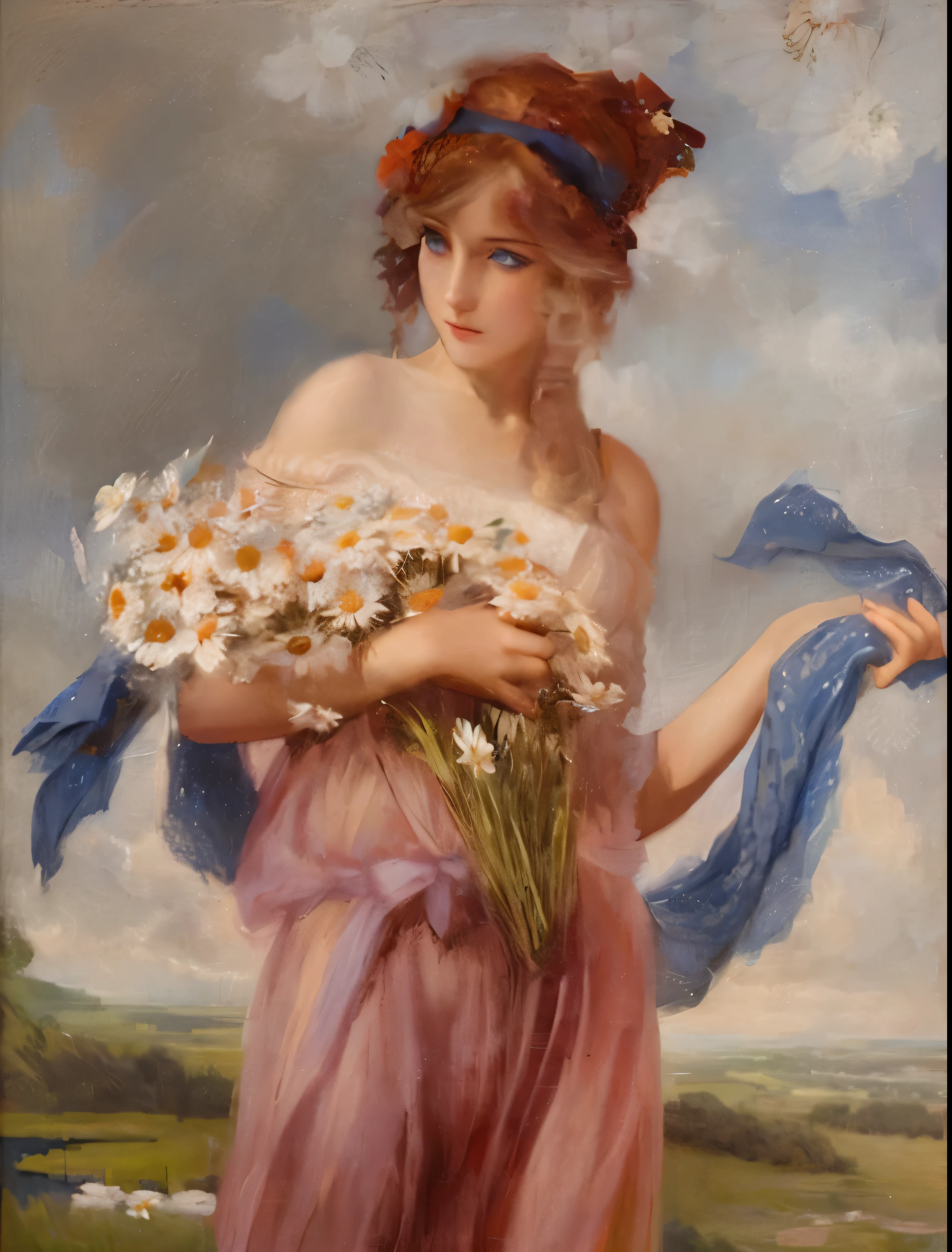 beautiful blonde, covered with daisy flowers, perfect beautiful blue eyes, symmetrical eyes, both eyes are the same size, iris and pupils, symmetry, Resolution 8K, art style, beautiful detail, &quot;Lady with flowers&quot; Leopold Dörtler