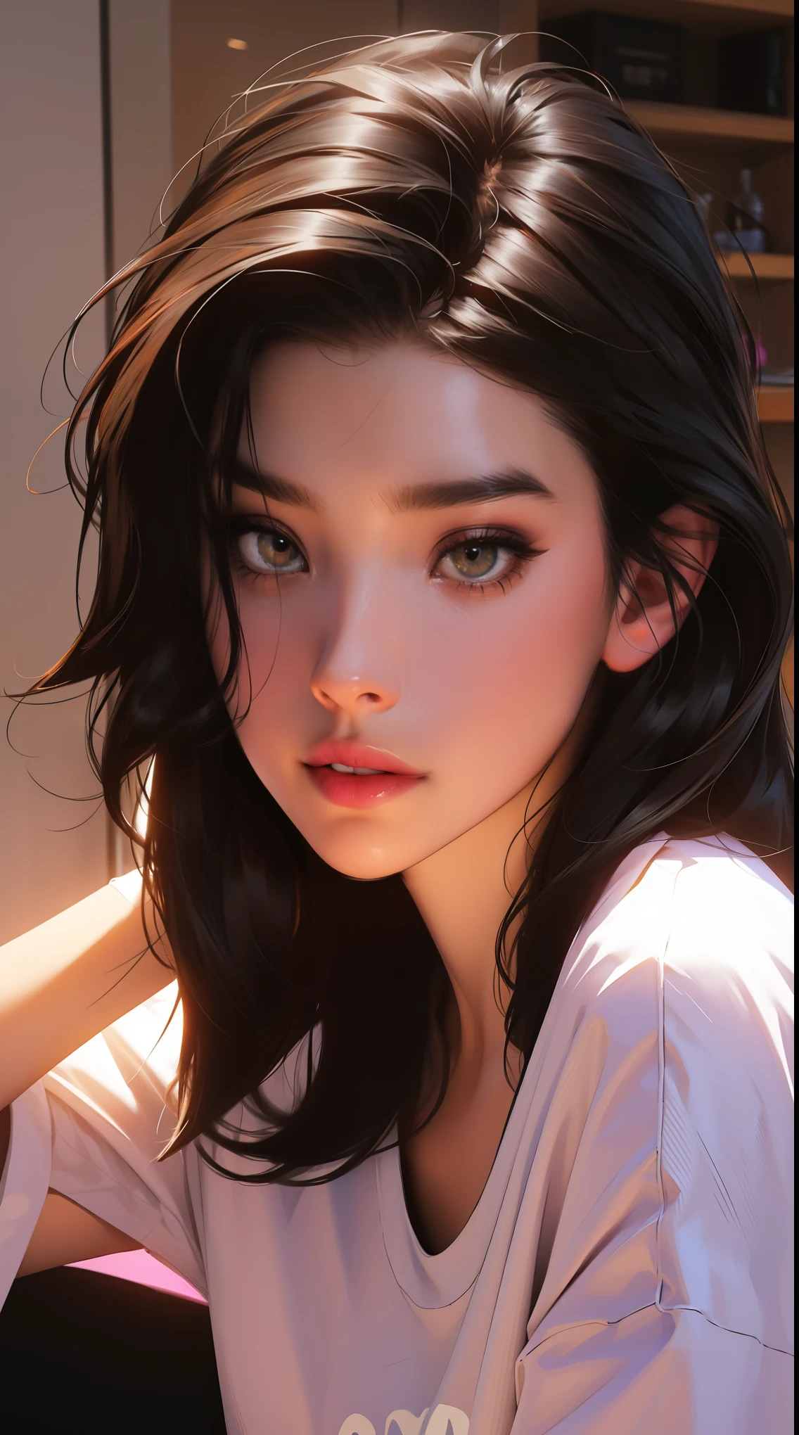Girl, long black hair, brown eyes, sharp features, white skin, pink lips, purple t-shirt.