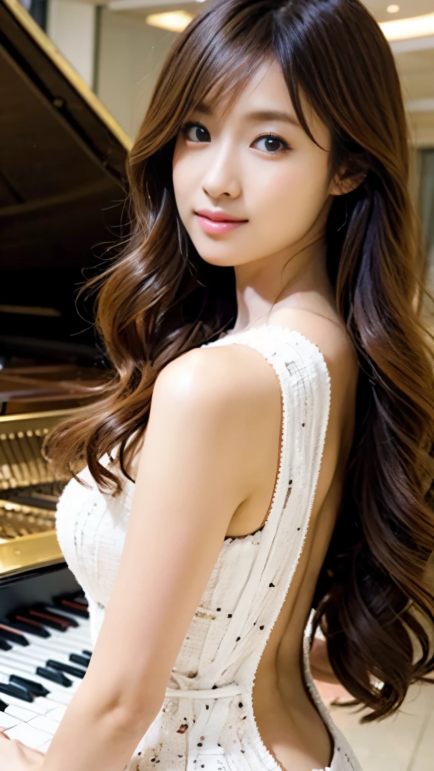 (((perfect anatomy))),A piano recital in a solemn atmosphere at the large, packed Obera Theater,Ultra realistic 8k CG,美しい二十歳のpianist,Performing fluidly and perfectly with both hands.,clean,masterpiece,Professionalのアートワーク,famous works,perfect face,((perfect female body)),solo (An immersive atmosphere,chiaroscuro:1.5,A single spotlight:1.2,mood lighting),fascinating look,very detailed_iedium chest,Professional,Beautiful and detailed background,deep い is written in the depth of the world,realistic:1.3,long shot,1 girl,pianist,one piece dress,No sleeve,Beautiful woman pulling piano,Waist-up shot from the side,Grand piano,(ambient light:1.3),(movie-like works:1.3),amazing beauty,best image quality,Professionalの画角,excellent details,ultra high resolution,realistic:1.4),high detail,focus on details,High concentration of 1girls,Beautiful long chestnut hair braided together,Delicate high nose and glossy lips,beautiful face,Long limbs like a model,