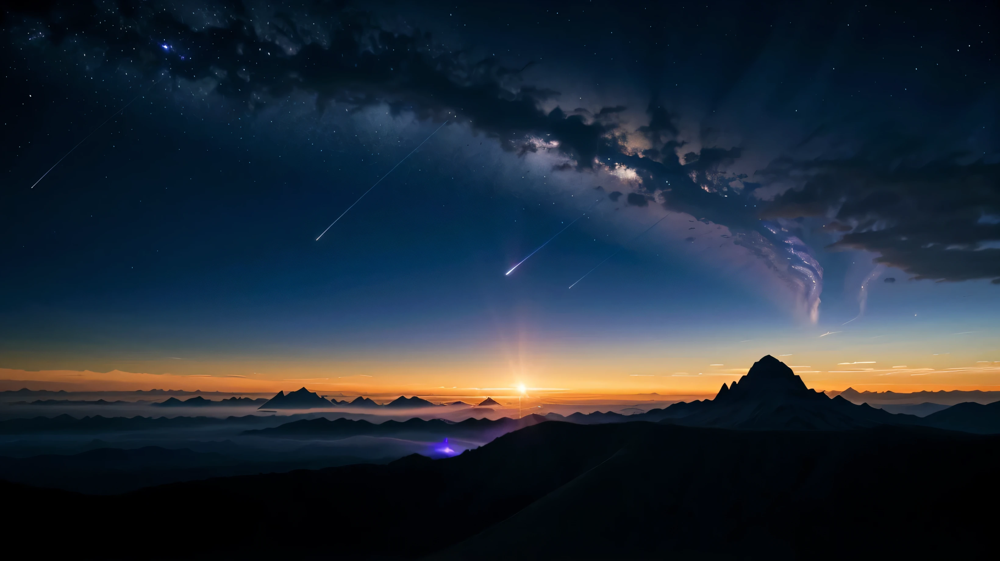 alien landscape purple blue magenta tones, rings around planet visable in night sky with stars