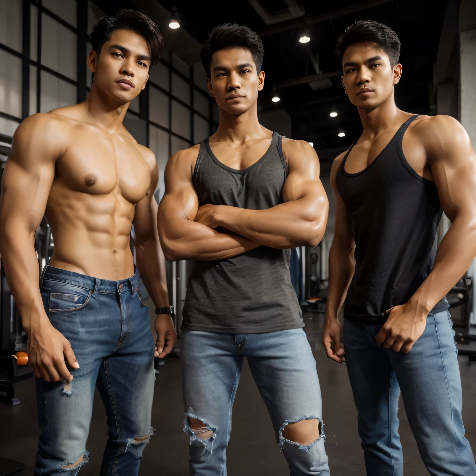take a photo of three men from Indonesia with sturdy bodies, two of them are tall, and one person is a little short, neat short side parted hair, no shirt, wearing jeans. The three men are posing showing off their muscles in the gymnast room.foto realistic, ultra HD, photo studio.